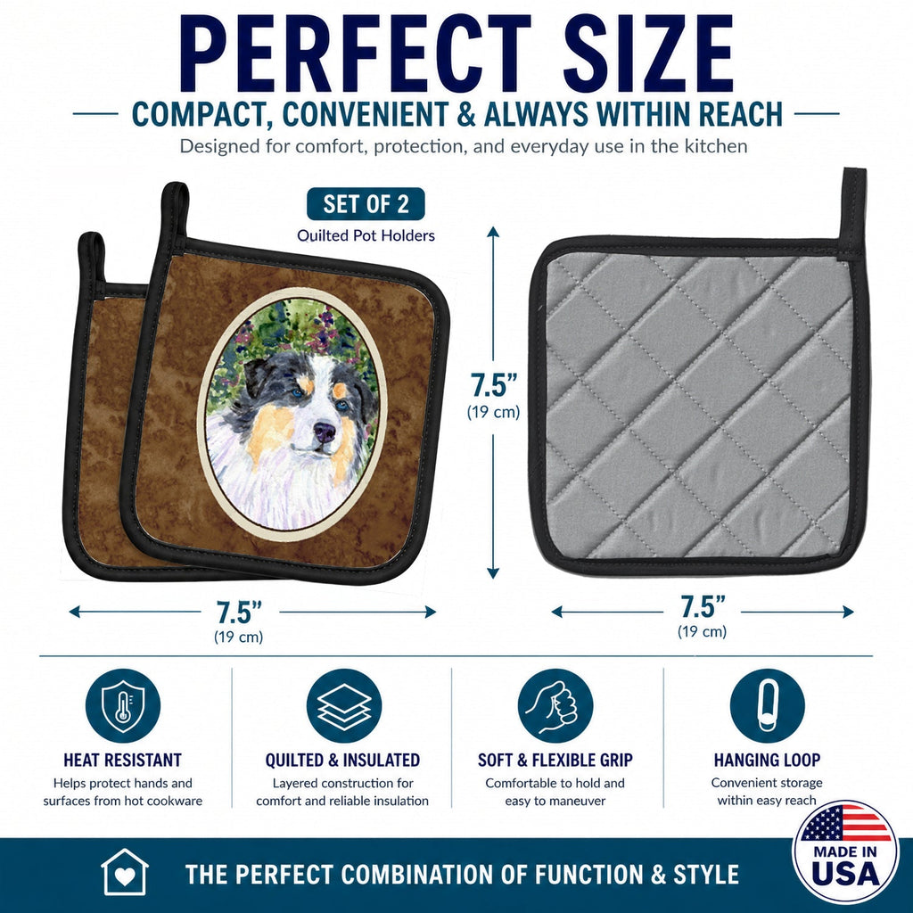 Australian Shepherd Pot Holder Set of 2 Heat Resistant Quilted Hot Pads 7.5 x 7.5 Inch, Insulated Kitchen Trivets for Cooking & Baking