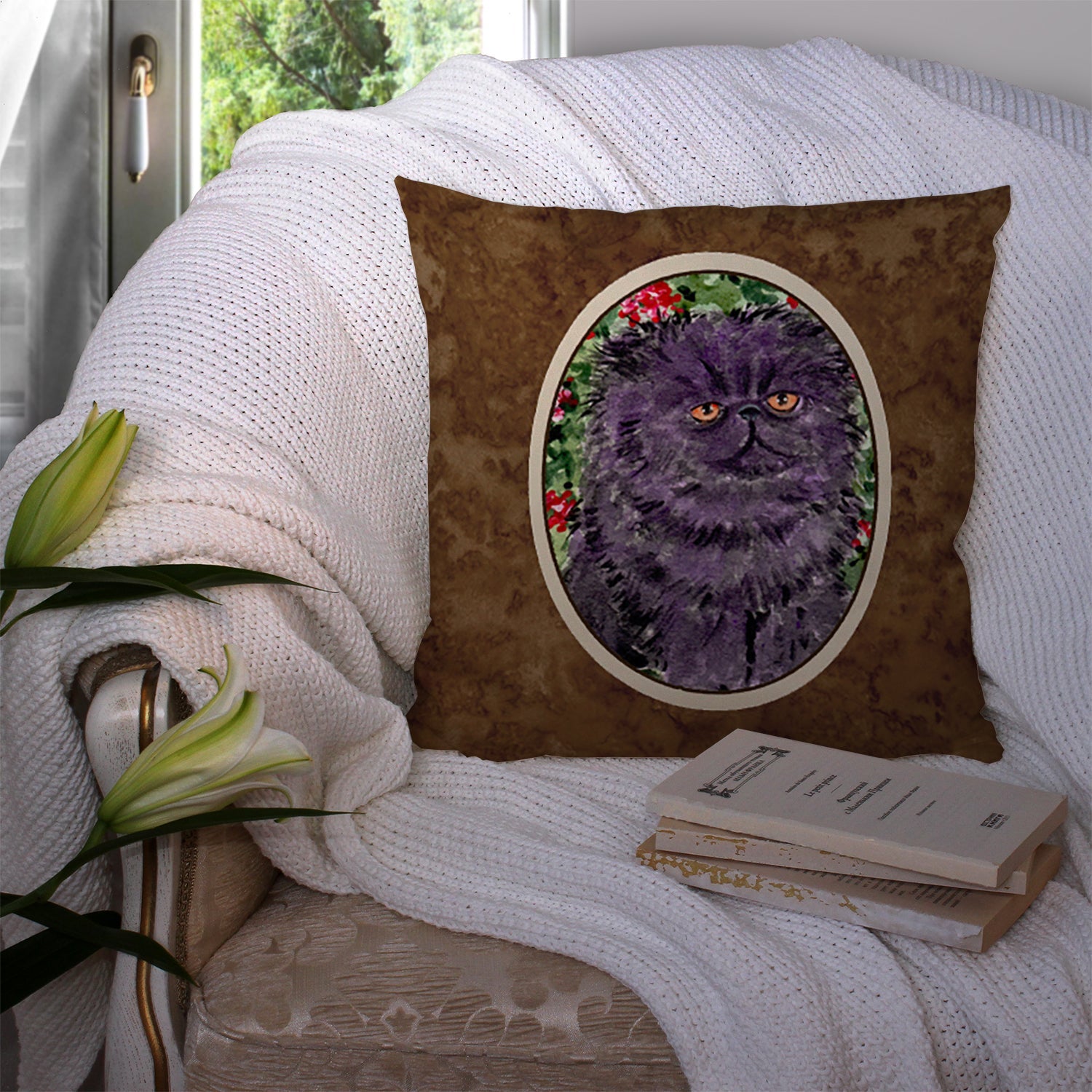 Persian Cat Decorative Throw Pillow 14x14 Indoor Outdoor Accent Cushion, Fabric Cover with Insert for Sofa, Bed, Porch & Living Room