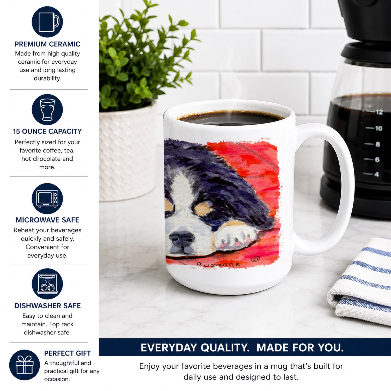 Bernese Mountain Dog Ceramic Coffee Mug 15 oz Decorative Large C Handle Mug Cup for Tea, Cocoa Hot Chocolate