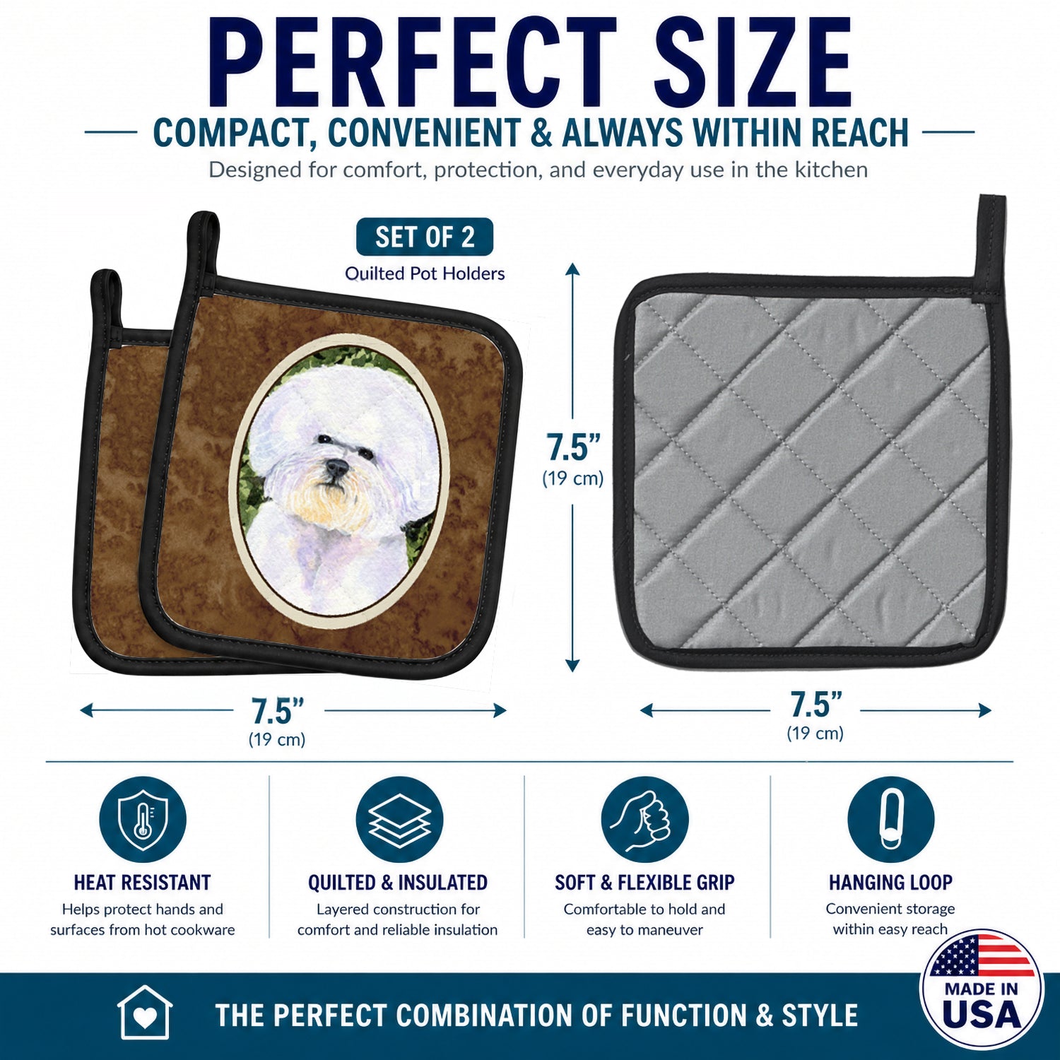Bichon Frise Pot Holder Set of 2 Heat Resistant Quilted Hot Pads 7.5 x 7.5 Inch, Insulated Kitchen Trivets for Cooking & Baking