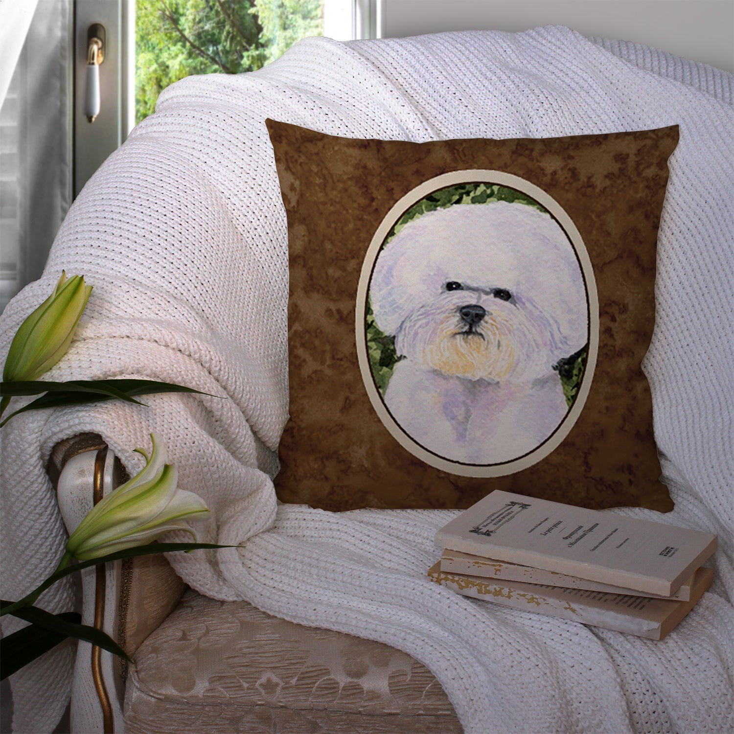 Bichon Frise Decorative Throw Pillow 14x14 Indoor Outdoor Accent Cushion, Fabric Cover with Insert for Sofa, Bed, Porch & Living Room