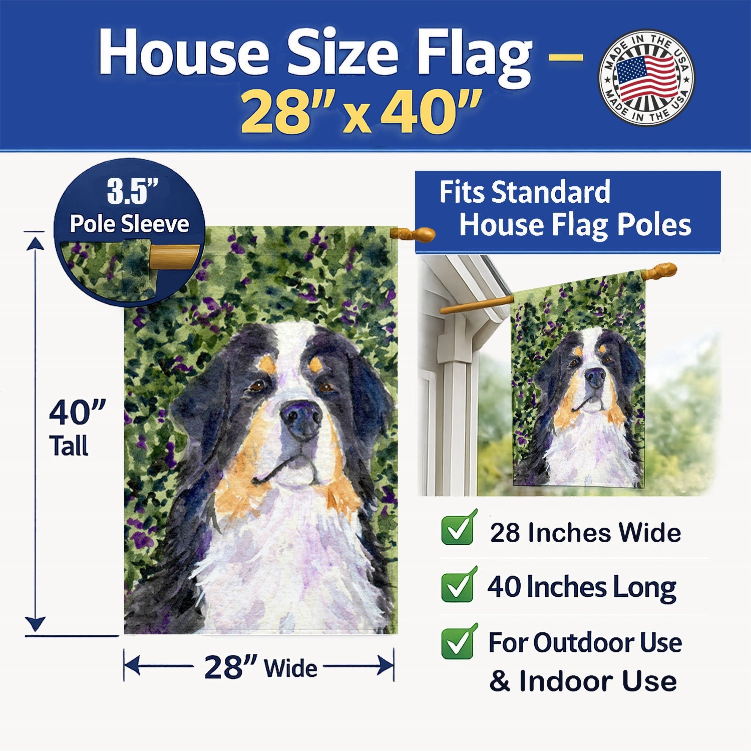 Bernese Mountain Dog House Flag 28x40 Porch Sleeve Pole Decorative Outside Yard Banner Artwork Wall Hanging, Polyester