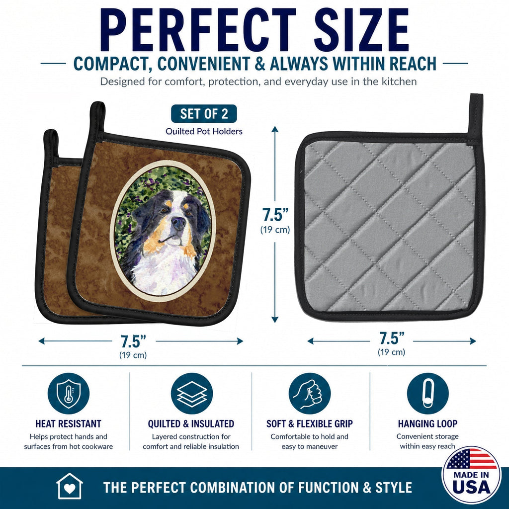 Bernese Mountain Dog Pot Holder Set of 2 Heat Resistant Quilted Hot Pads 7.5 x 7.5 Inch, Insulated Kitchen Trivets for Cooking & Baking