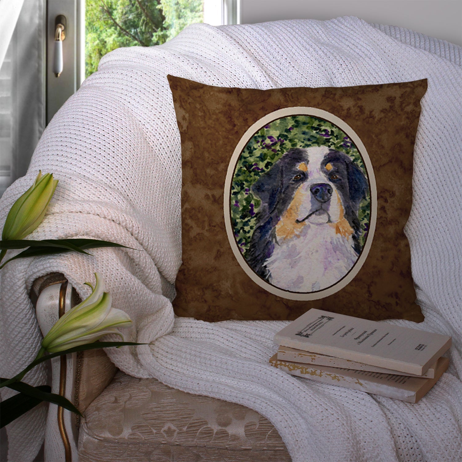 Bernese Mountain Dog Decorative Throw Pillow 14x14 Indoor Outdoor Accent Cushion, Fabric Cover with Insert for Sofa, Bed, Porch & Living Room