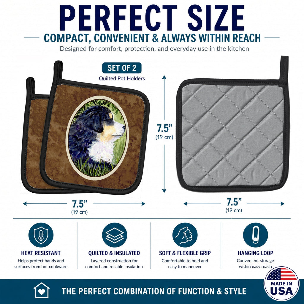 Bernese Mountain Dog Pot Holder Set of 2 Heat Resistant Quilted Hot Pads 7.5 x 7.5 Inch, Insulated Kitchen Trivets for Cooking & Baking