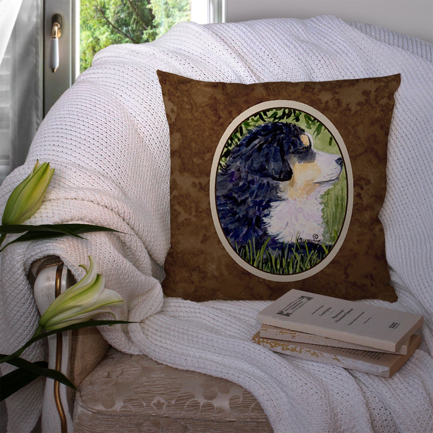 Bernese Mountain Dog Decorative Throw Pillow 14x14 Indoor Outdoor Accent Cushion, Fabric Cover with Insert for Sofa, Bed, Porch & Living Room