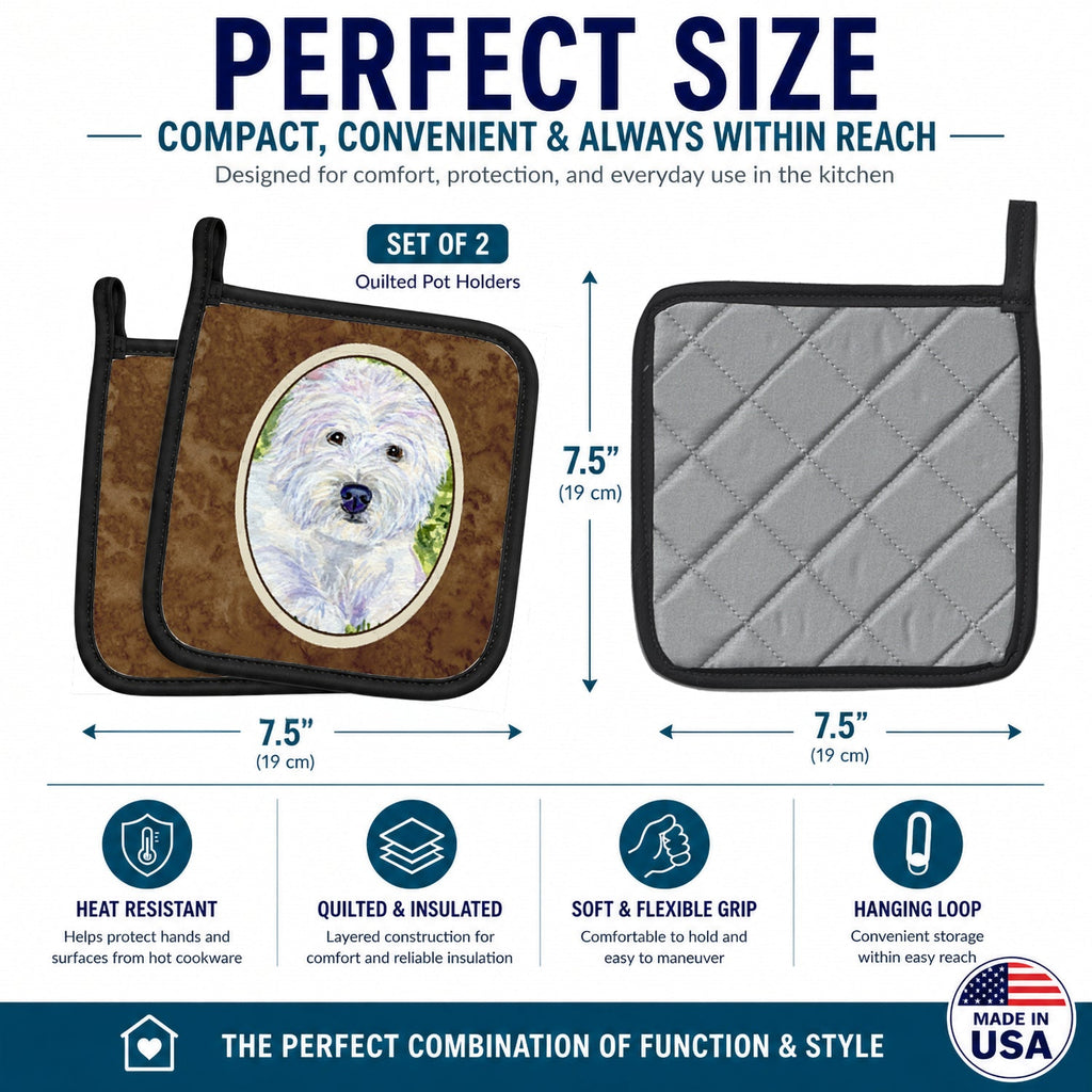 Westie Pot Holder Set of 2 Heat Resistant Quilted Hot Pads 7.5 x 7.5 Inch, Insulated Kitchen Trivets for Cooking & Baking