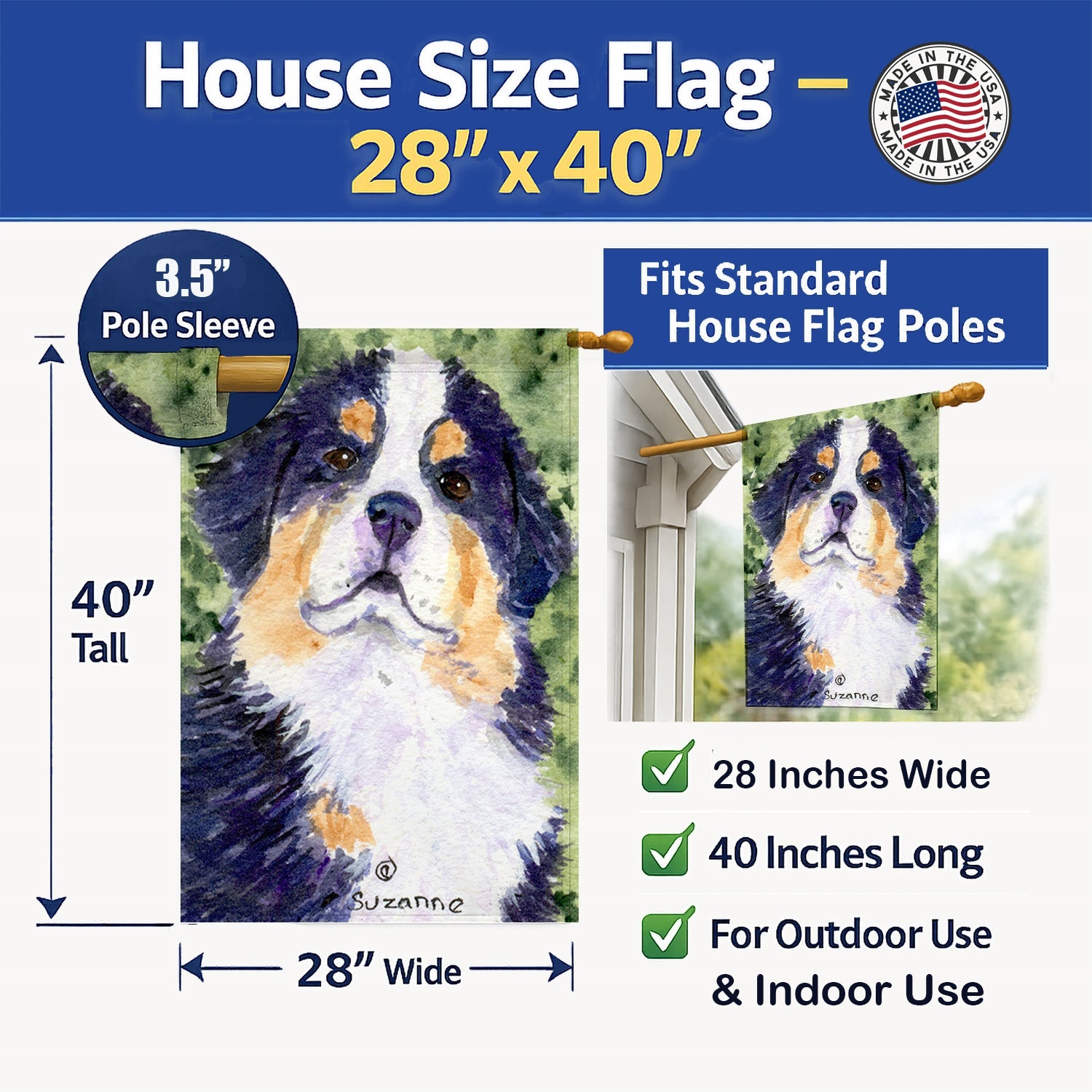 Bernese Mountain Dog House Flag 28x40 Porch Sleeve Pole Decorative Outside Yard Banner Artwork Wall Hanging, Polyester
