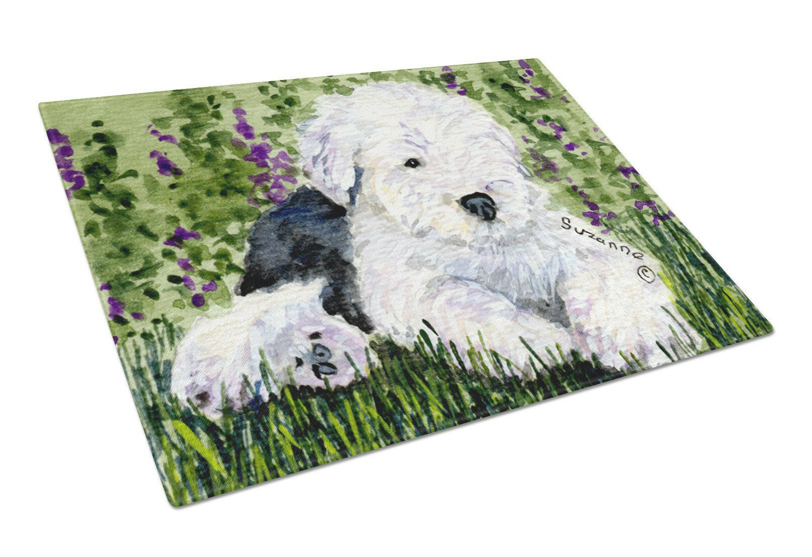 Old English Sheepdog Cutting Board Tempered Glass Kitchen Cutting Surface, Heat Resistant Chopping, Non-Slip Feet, Food Prep & Serving