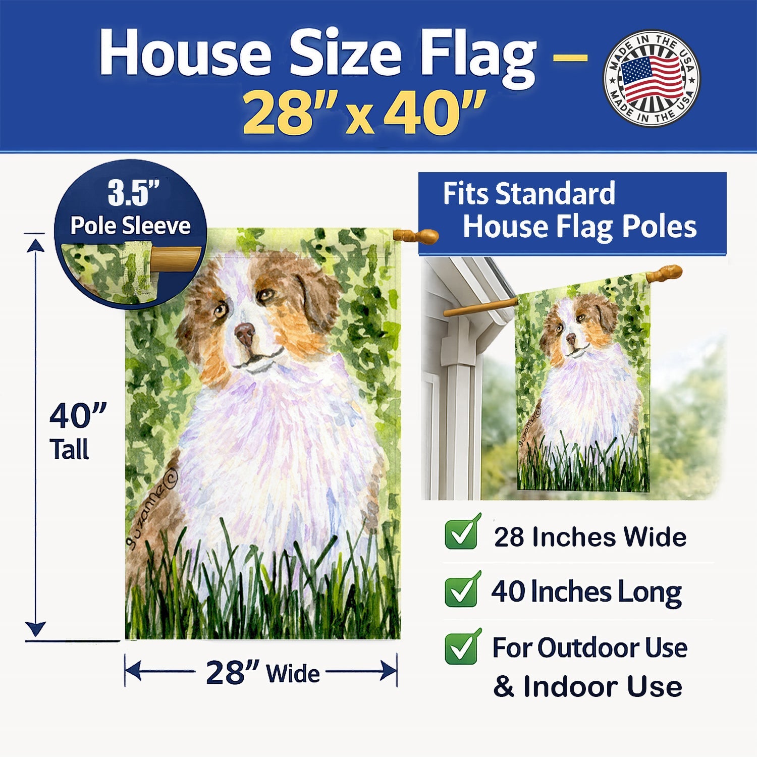 Australian Shepherd House Flag 28x40 Porch Sleeve Pole Decorative Outside Yard Banner Artwork Wall Hanging, Polyester