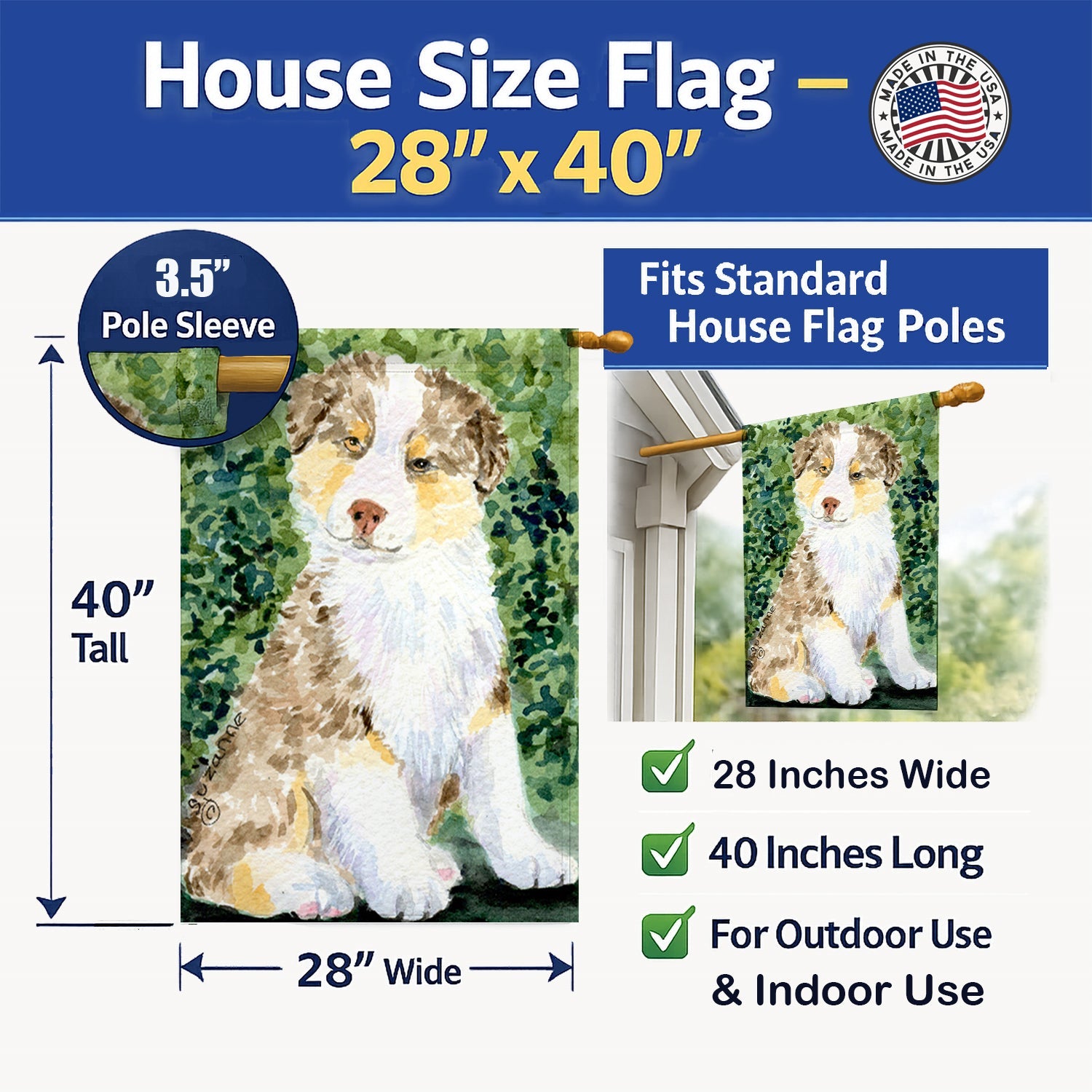 Australian Shepherd House Flag 28x40 Porch Sleeve Pole Decorative Outside Yard Banner Artwork Wall Hanging, Polyester