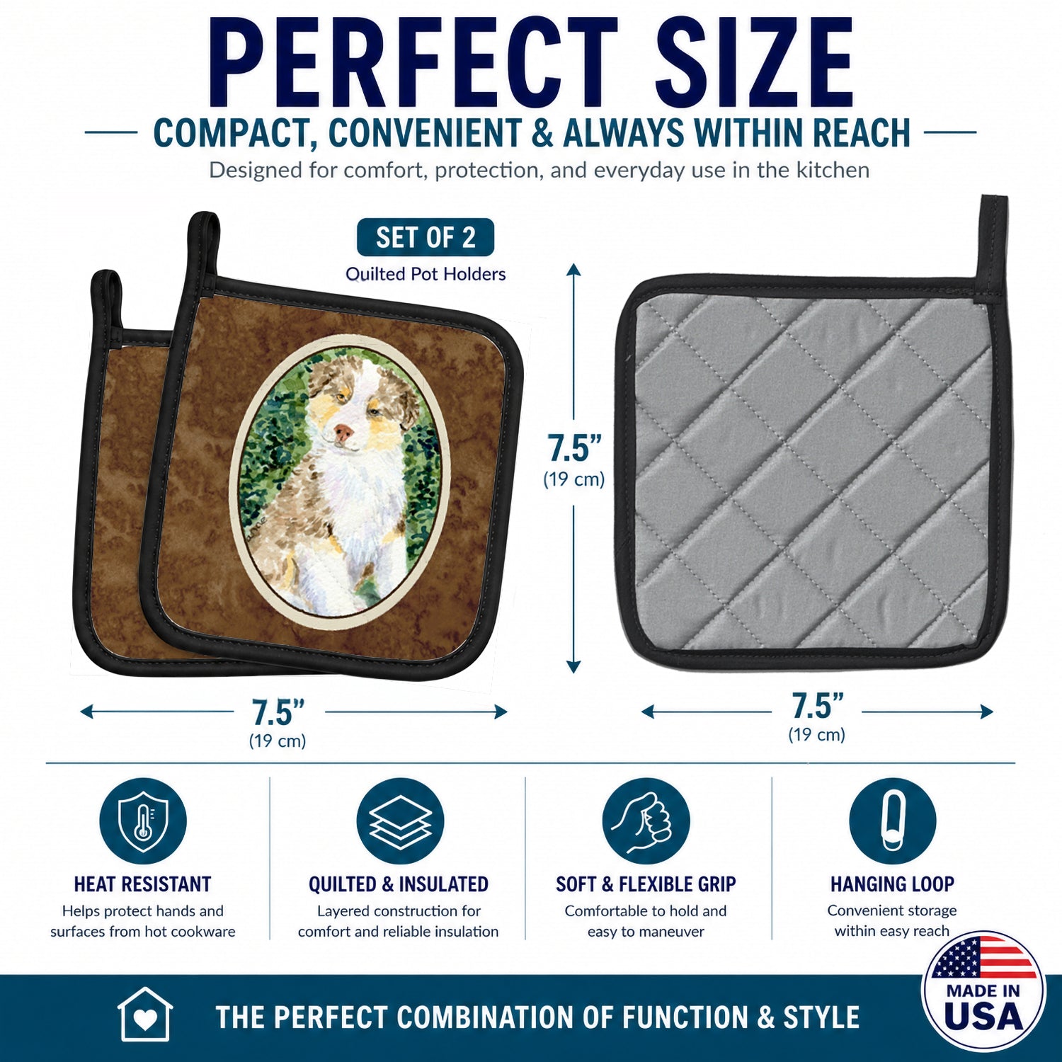 Australian Shepherd Pot Holder Set of 2 Heat Resistant Quilted Hot Pads 7.5 x 7.5 Inch, Insulated Kitchen Trivets for Cooking & Baking
