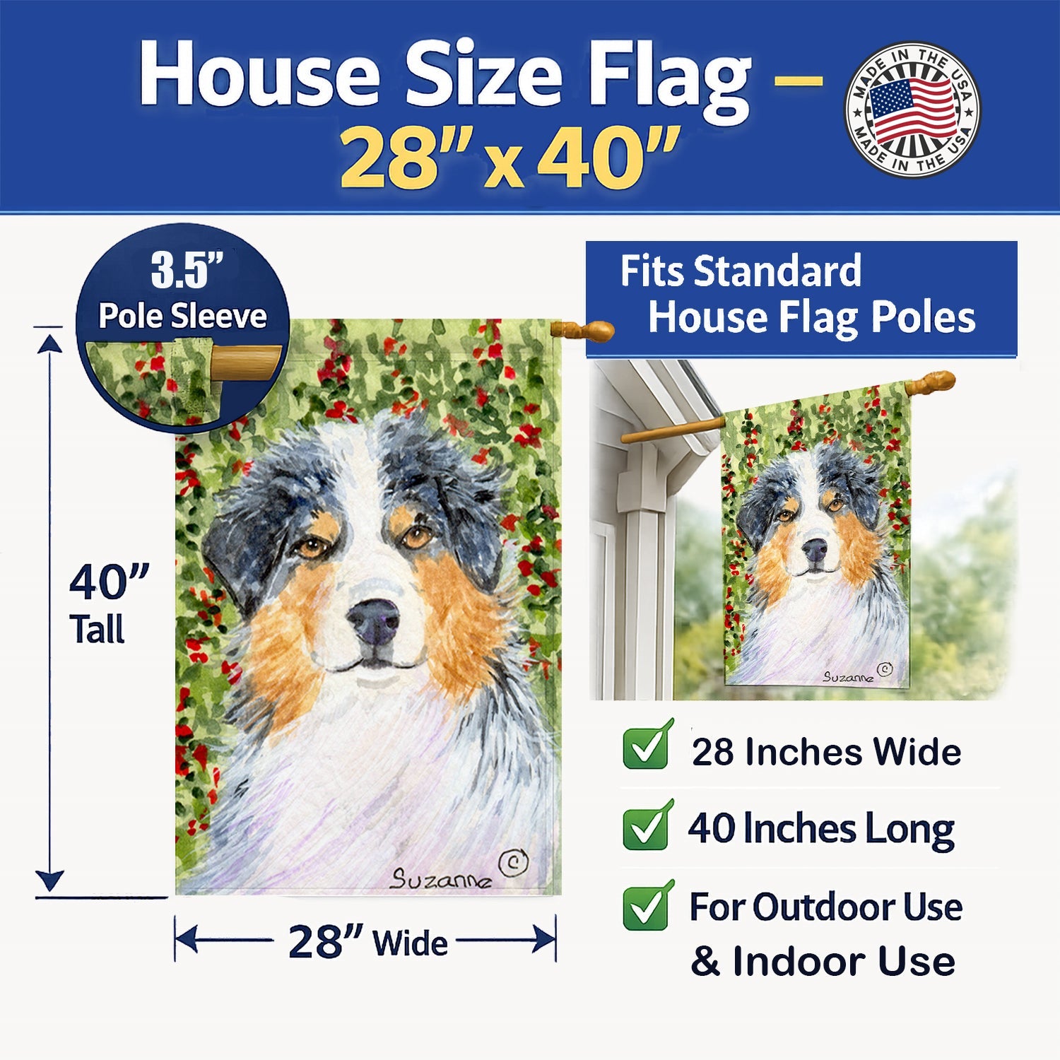 Australian Shepherd House Flag 28x40 Porch Sleeve Pole Decorative Outside Yard Banner Artwork Wall Hanging, Polyester