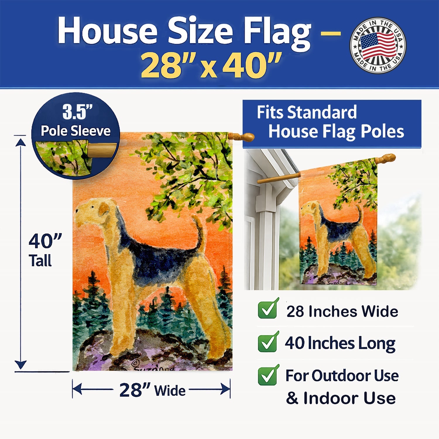 Airedale House Flag 28x40 Porch Sleeve Pole Decorative Outside Yard Banner Artwork Wall Hanging, Polyester