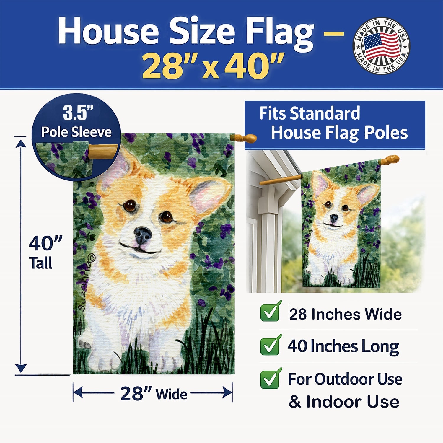 Corgi House Flag 28x40 Porch Sleeve Pole Decorative Outside Yard Banner Artwork Wall Hanging, Polyester