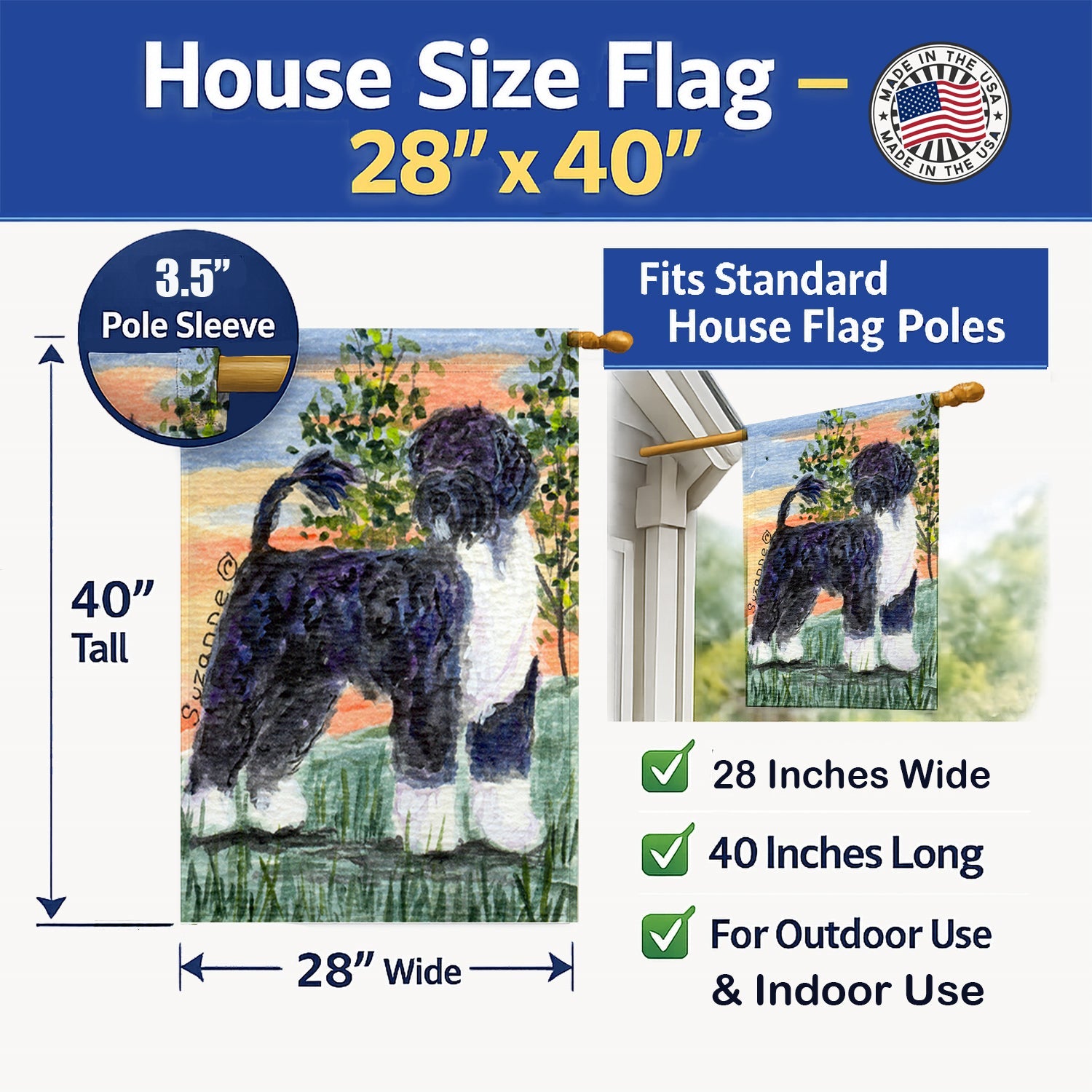 Portuguese Water Dog House Flag 28x40 Porch Sleeve Pole Decorative Outside Yard Banner Artwork Wall Hanging, Polyester