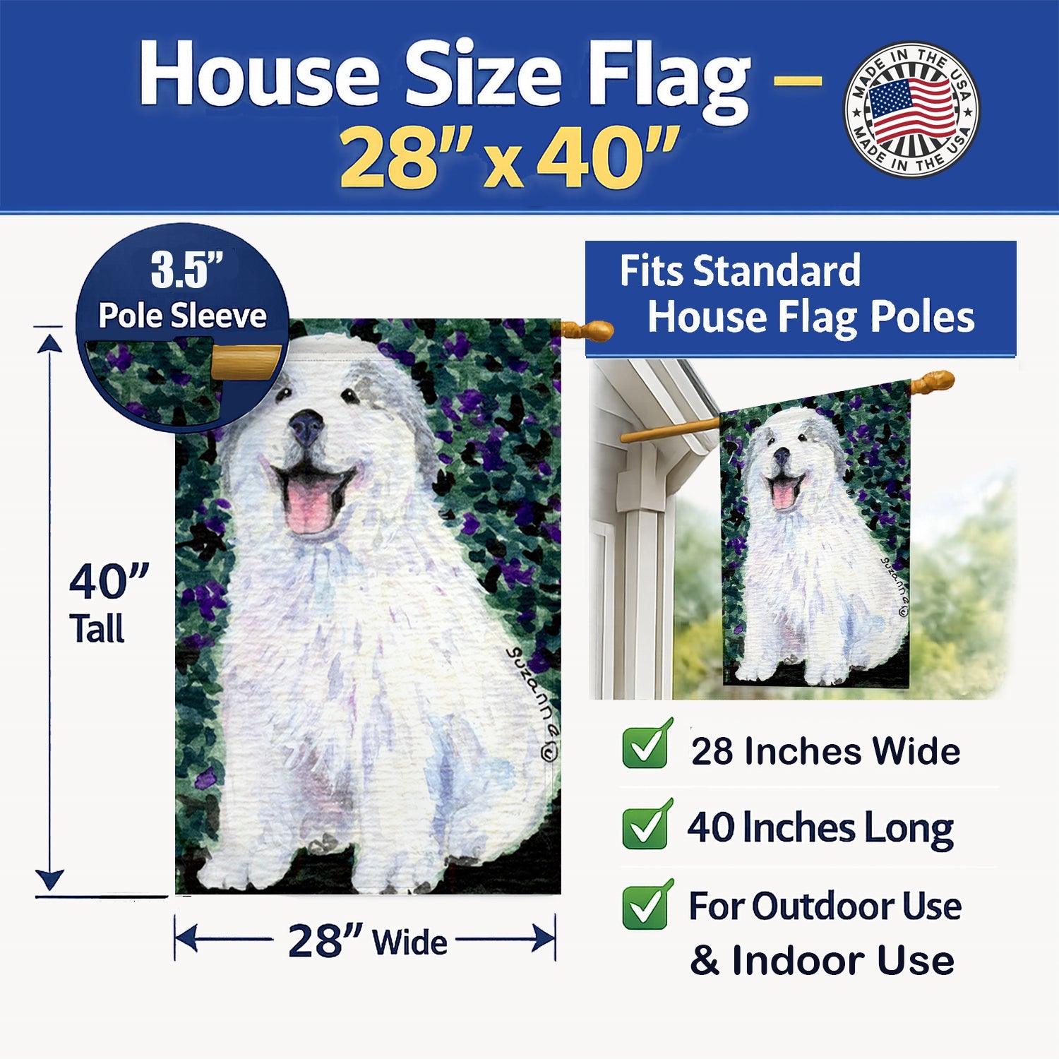 Great Pyrenees House Flag 28x40 Porch Sleeve Pole Decorative Outside Yard Banner Artwork Wall Hanging, Polyester