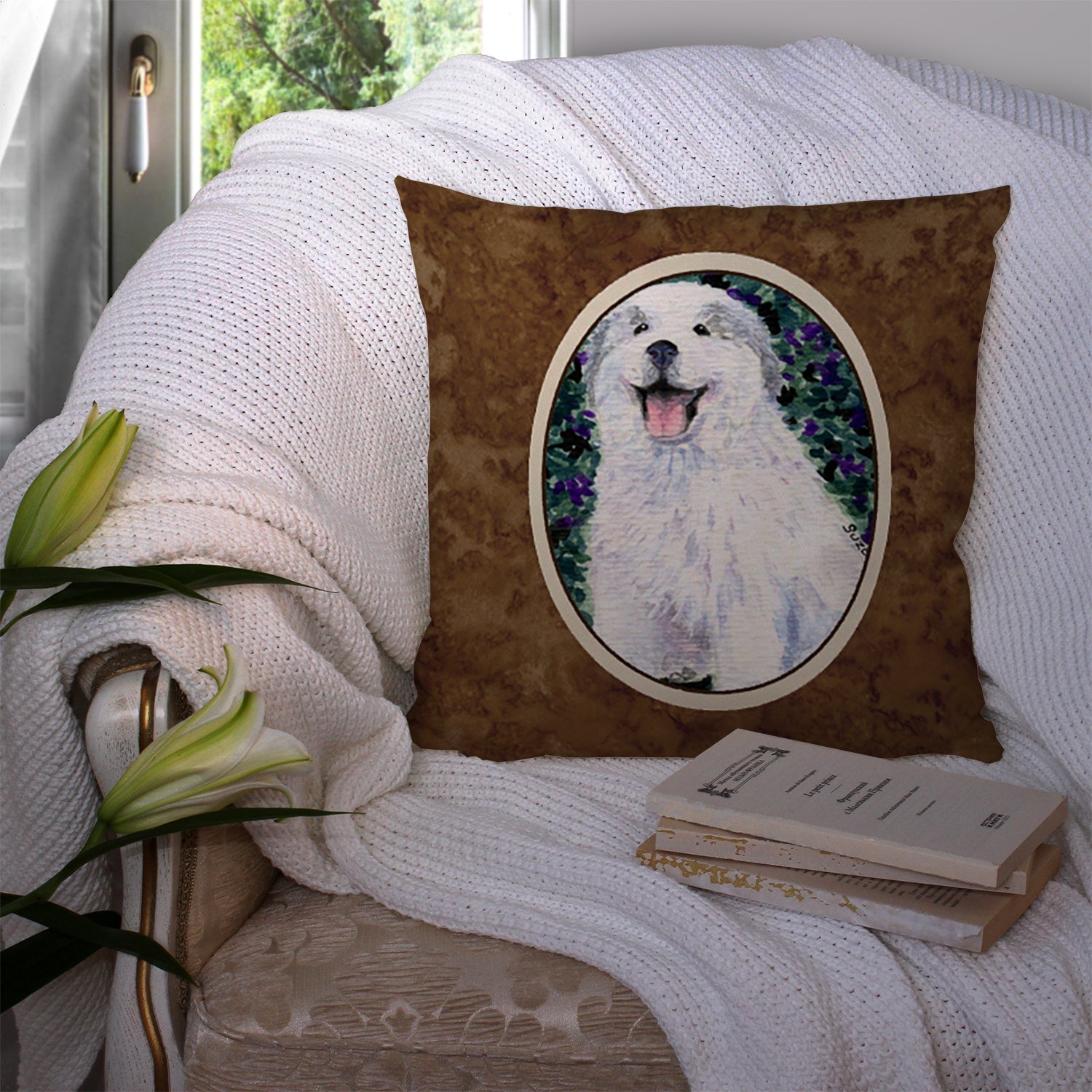 Great Pyrenees Decorative Throw Pillow 14x14 Indoor Outdoor Accent Cushion, Fabric Cover with Insert for Sofa, Bed, Porch & Living Room