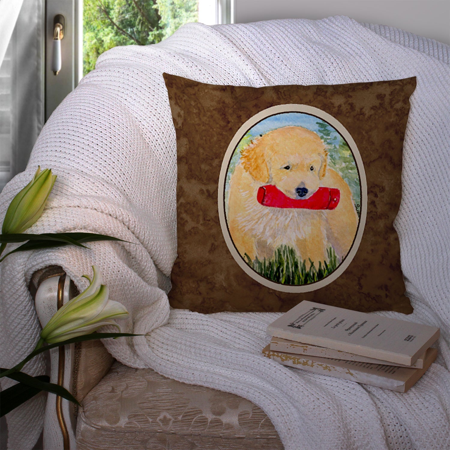 Golden Retriever Decorative Throw Pillow 14x14 Indoor Outdoor Accent Cushion, Fabric Cover with Insert for Sofa, Bed, Porch & Living Room