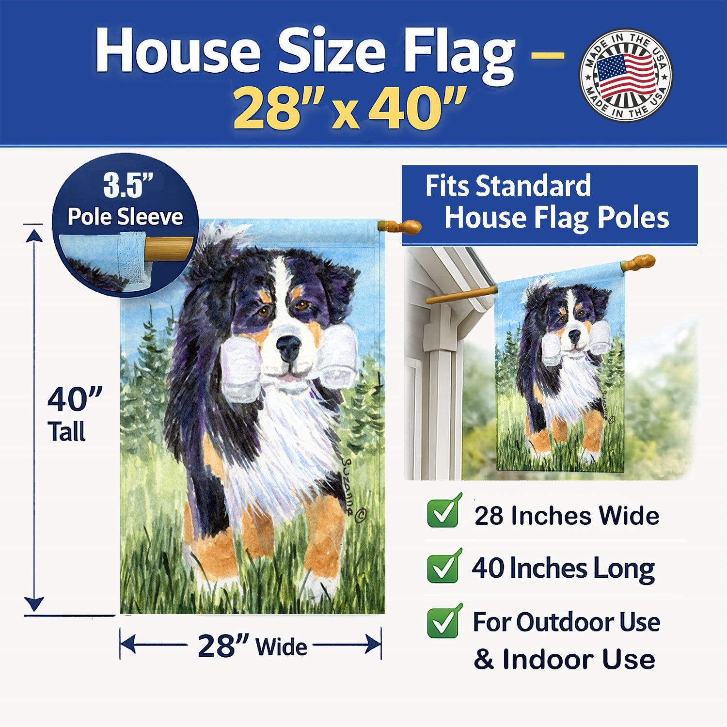 Bernese Mountain Dog House Flag 28x40 Porch Sleeve Pole Decorative Outside Yard Banner Artwork Wall Hanging, Polyester
