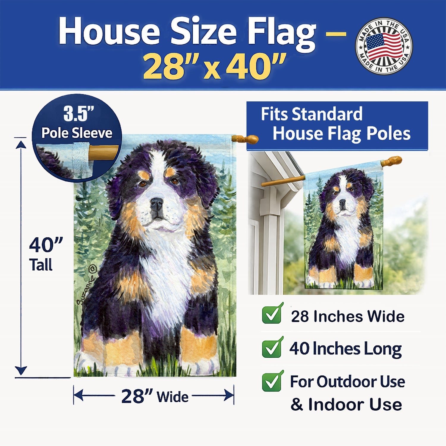 Bernese Mountain Dog House Flag 28x40 Porch Sleeve Pole Decorative Outside Yard Banner Artwork Wall Hanging, Polyester