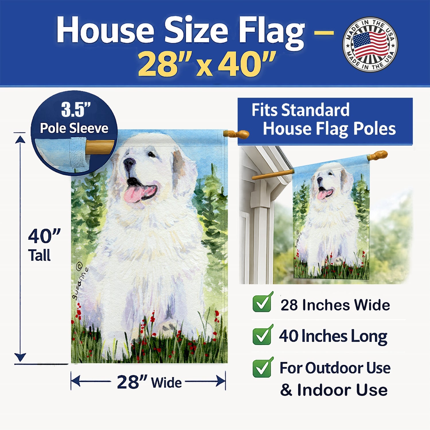 Great Pyrenees House Flag 28x40 Porch Sleeve Pole Decorative Outside Yard Banner Artwork Wall Hanging, Polyester