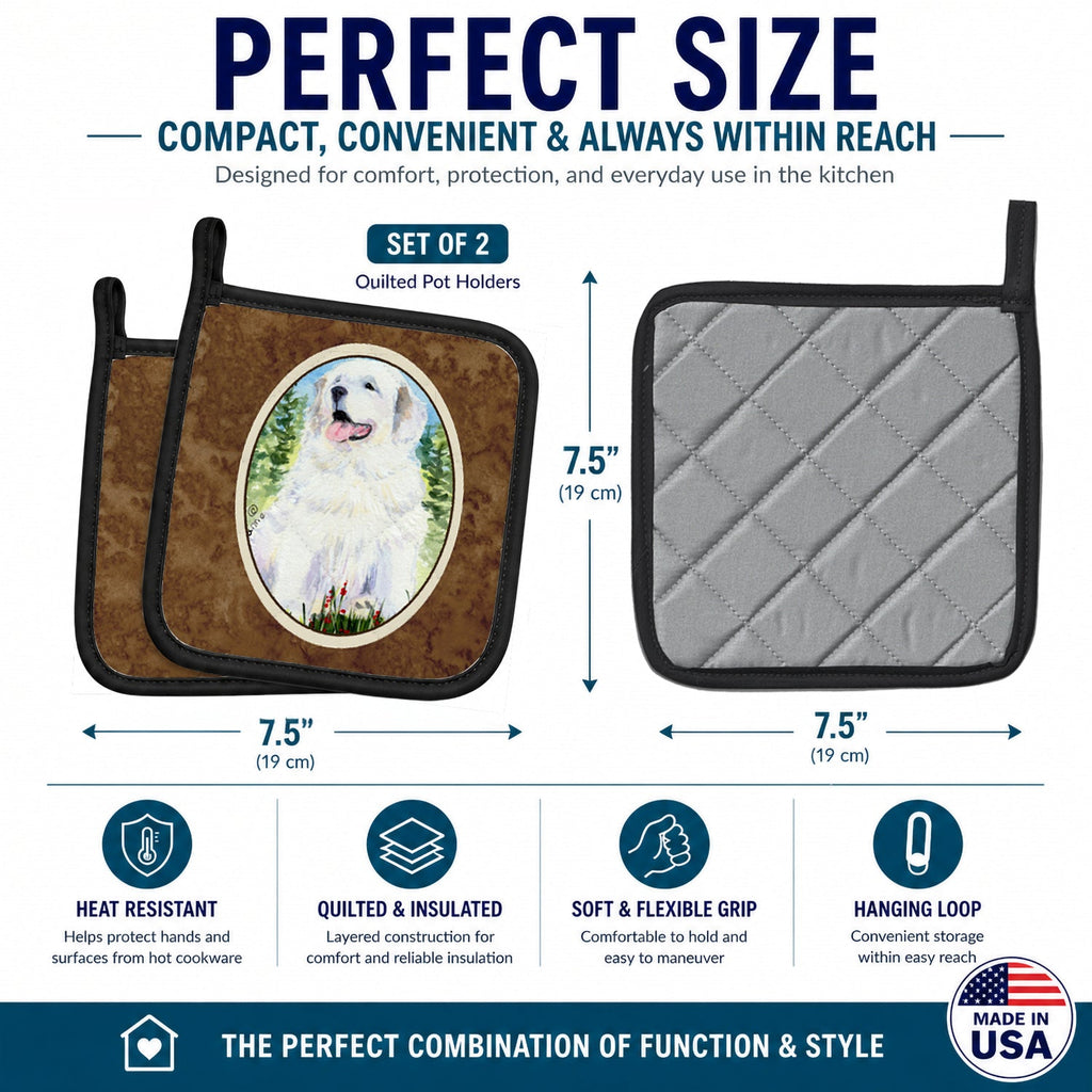 Great Pyrenees Pot Holder Set of 2 Heat Resistant Quilted Hot Pads 7.5 x 7.5 Inch, Insulated Kitchen Trivets for Cooking & Baking
