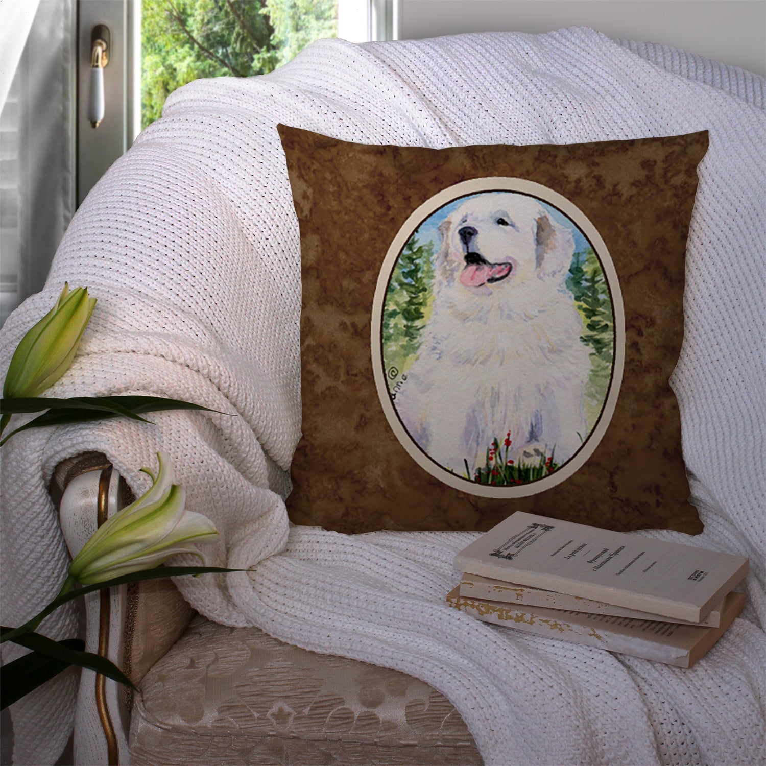 Great Pyrenees Decorative Throw Pillow 14x14 Indoor Outdoor Accent Cushion, Fabric Cover with Insert for Sofa, Bed, Porch & Living Room