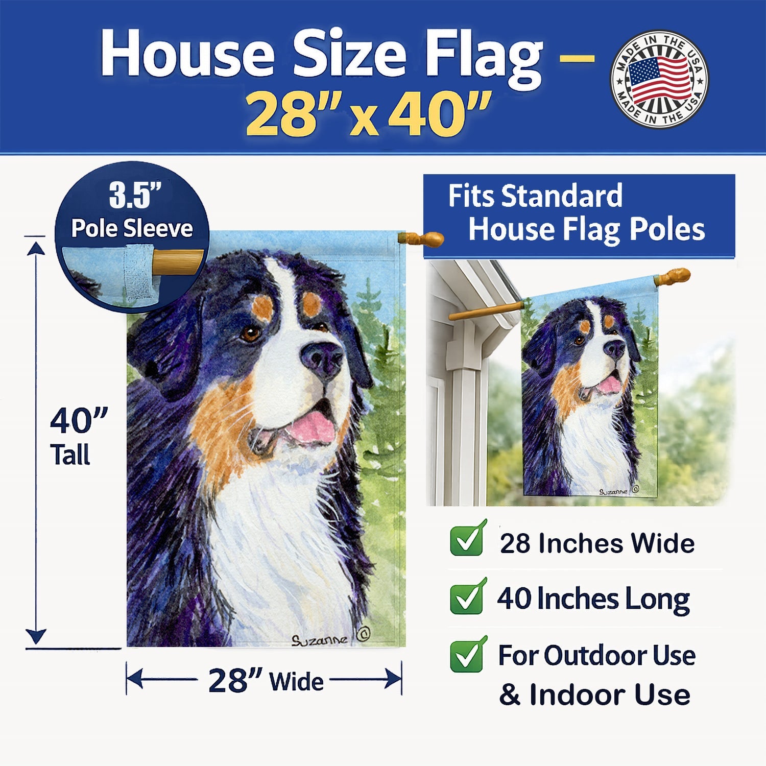 Bernese Mountain Dog House Flag 28x40 Porch Sleeve Pole Decorative Outside Yard Banner Artwork Wall Hanging, Polyester