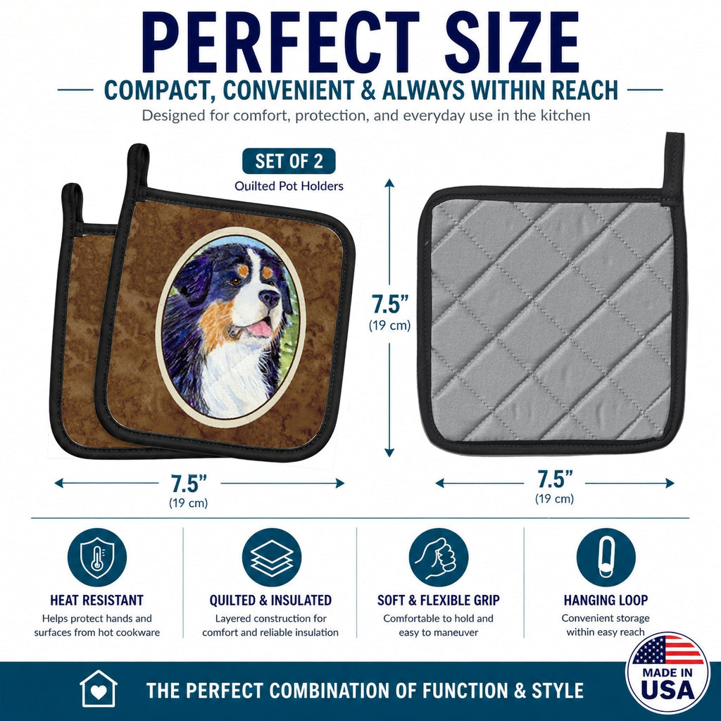Bernese Mountain Dog Pot Holder Set of 2 Heat Resistant Quilted Hot Pads 7.5 x 7.5 Inch, Insulated Kitchen Trivets for Cooking & Baking
