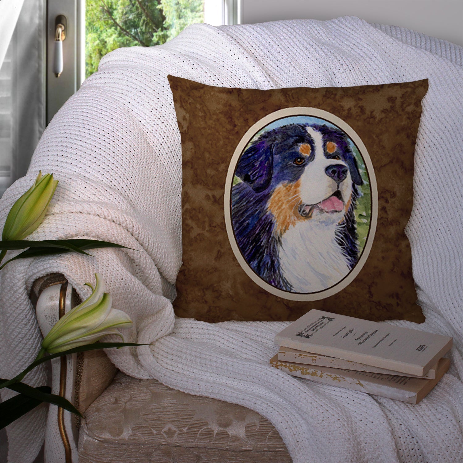 Bernese Mountain Dog Decorative Throw Pillow 14x14 Indoor Outdoor Accent Cushion, Fabric Cover with Insert for Sofa, Bed, Porch & Living Room