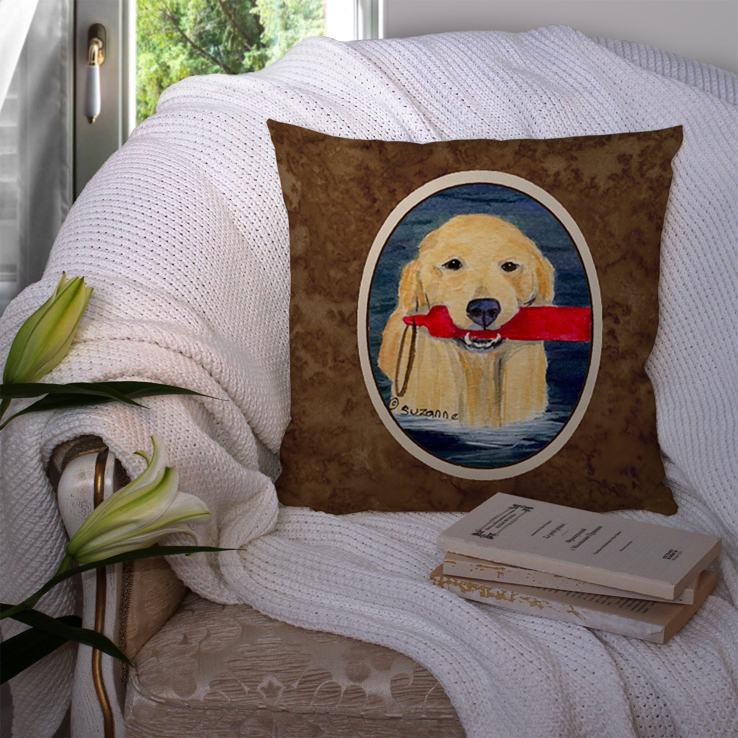 Golden Retriever Decorative Throw Pillow 14x14 Indoor Outdoor Accent Cushion, Fabric Cover with Insert for Sofa, Bed, Porch & Living Room