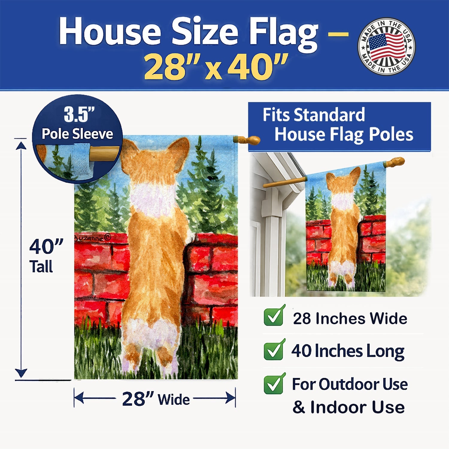 Corgi House Flag 28x40 Porch Sleeve Pole Decorative Outside Yard Banner Artwork Wall Hanging, Polyester