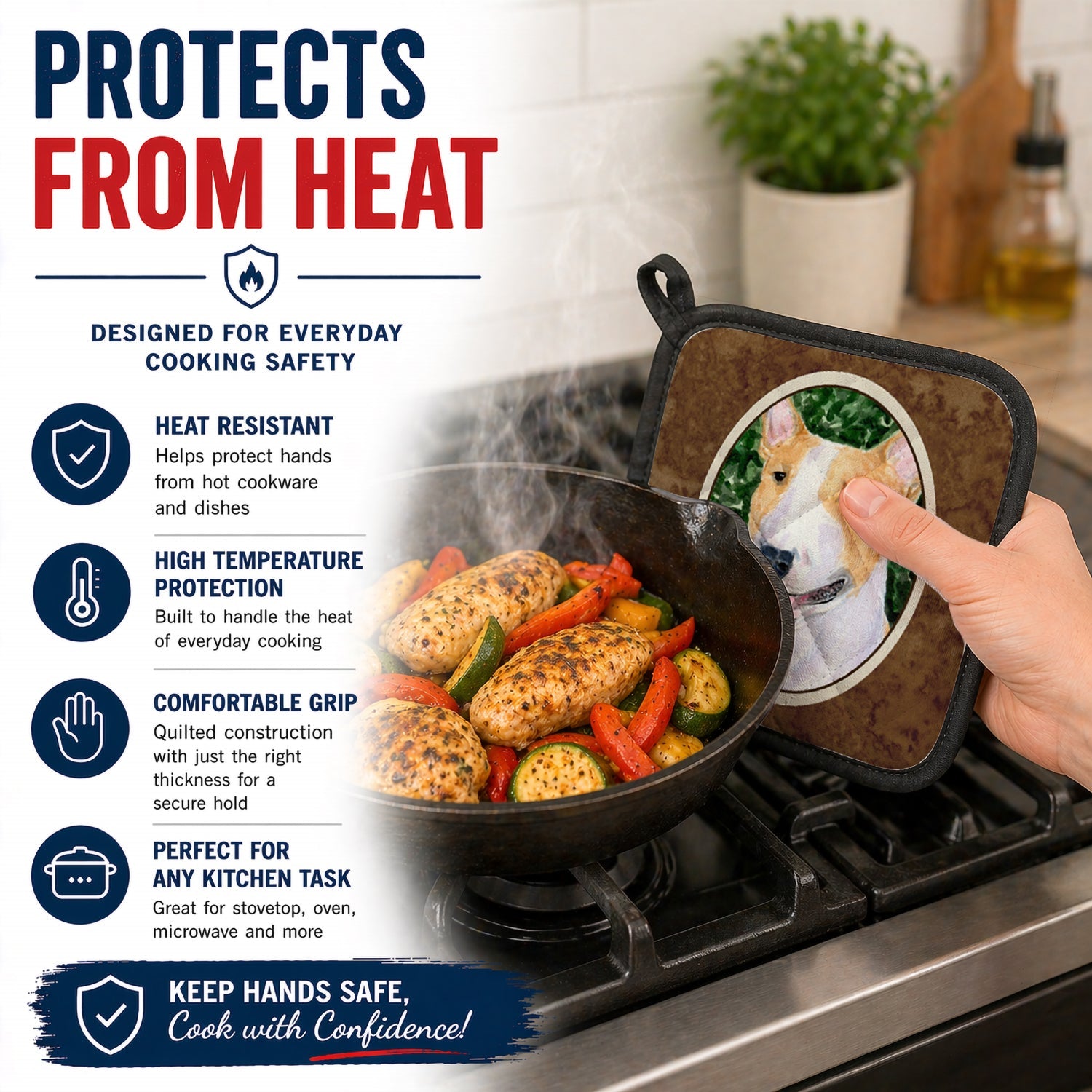 Bull Terrier Pot Holder Set of 2 Heat Resistant Quilted Hot Pads 7.5 x 7.5 Inch, Insulated Kitchen Trivets for Cooking & Baking