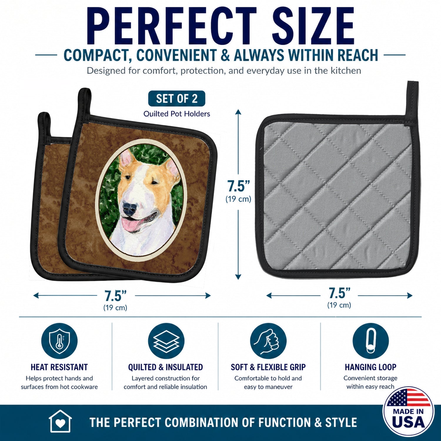 Bull Terrier Pot Holder Set of 2 Heat Resistant Quilted Hot Pads 7.5 x 7.5 Inch, Insulated Kitchen Trivets for Cooking & Baking