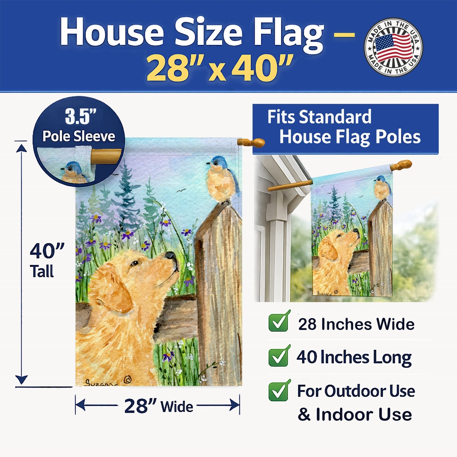 Golden Retriever House Flag 28x40 Porch Sleeve Pole Decorative Outside Yard Banner Artwork Wall Hanging, Polyester