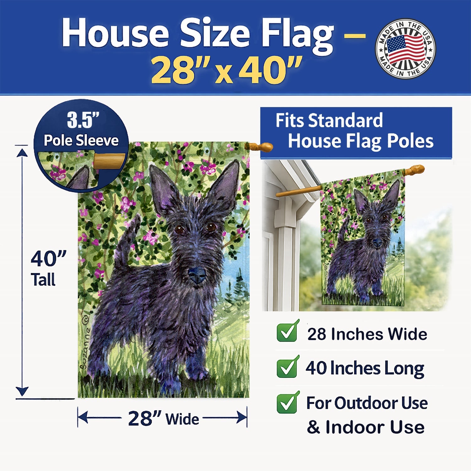 Scottish Terrier House Flag 28x40 Porch Sleeve Pole Decorative Outside Yard Banner Artwork Wall Hanging, Polyester