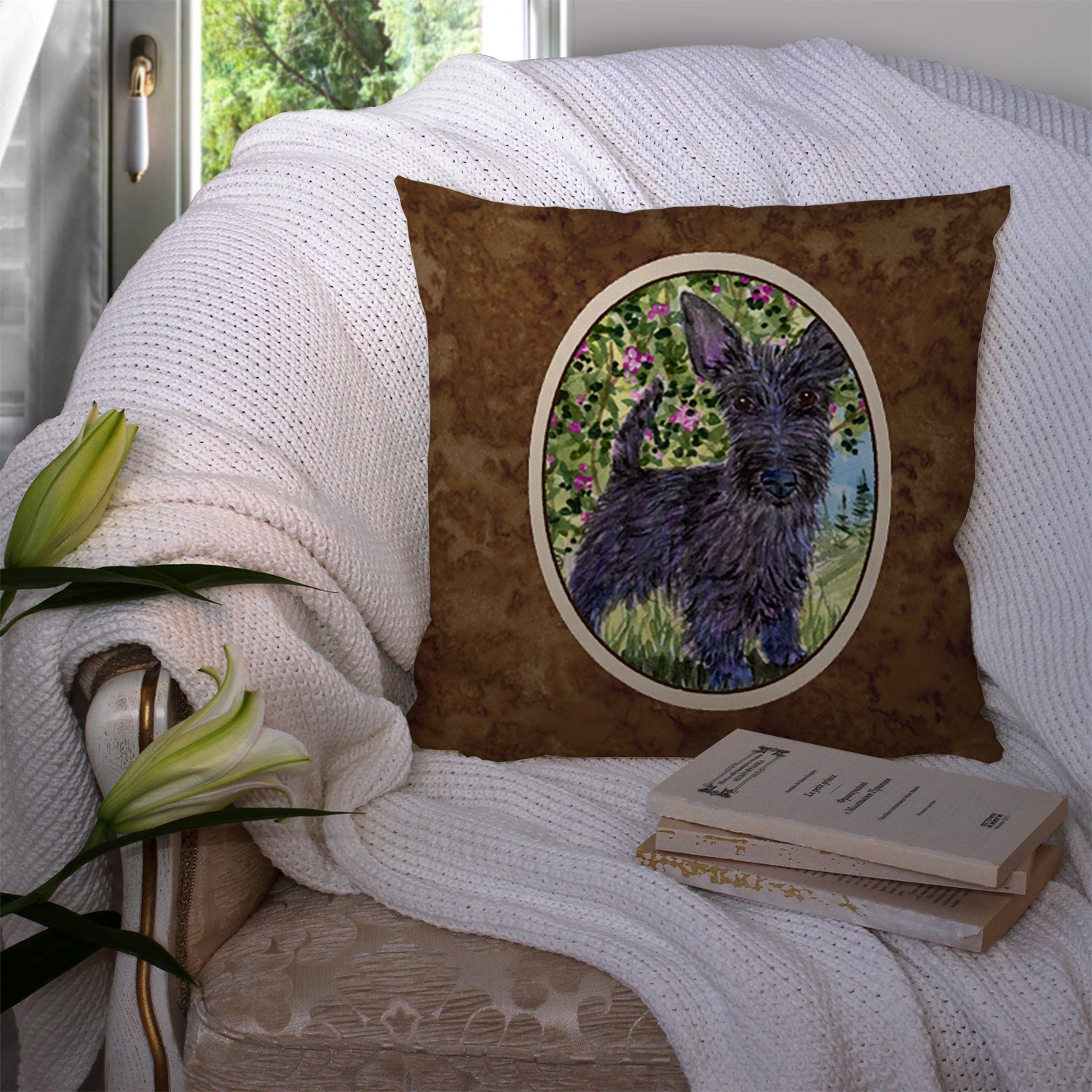 Scottish Terrier Decorative Throw Pillow 14x14 Indoor Outdoor Accent Cushion, Fabric Cover with Insert for Sofa, Bed, Porch & Living Room