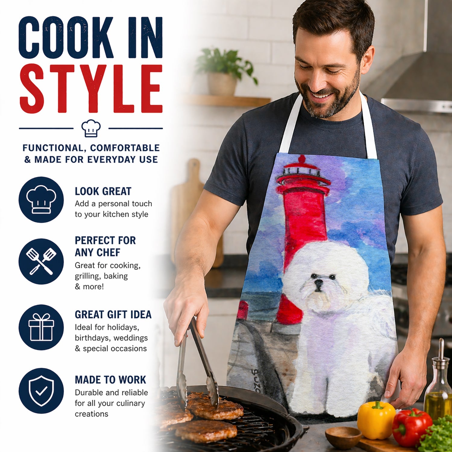Lighthouse with Bichon Frise Apron Cooking Kitchen Server Baking Crafts Gardening for Adult Women Men, Unisex, Large, Multicolor