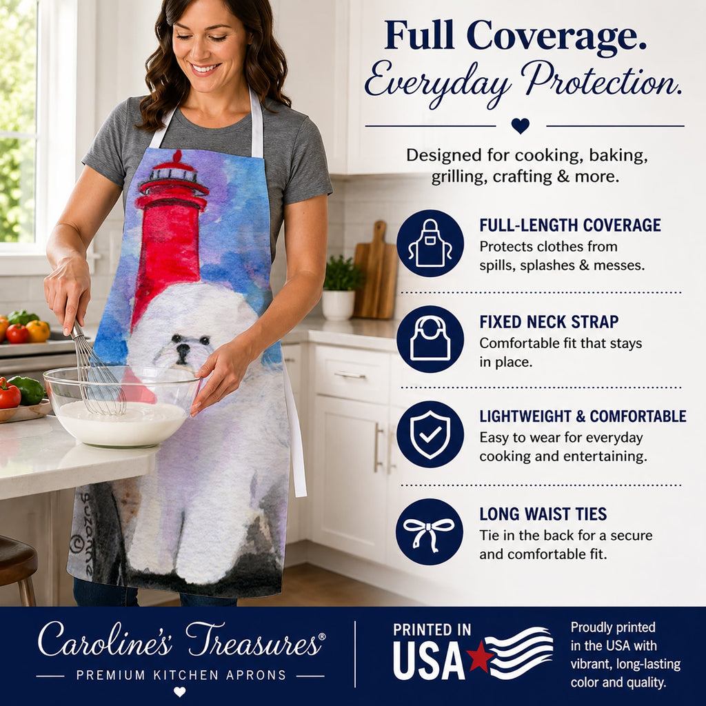 Lighthouse with Bichon Frise Apron Cooking Kitchen Server Baking Crafts Gardening for Adult Women Men, Unisex, Large, Multicolor