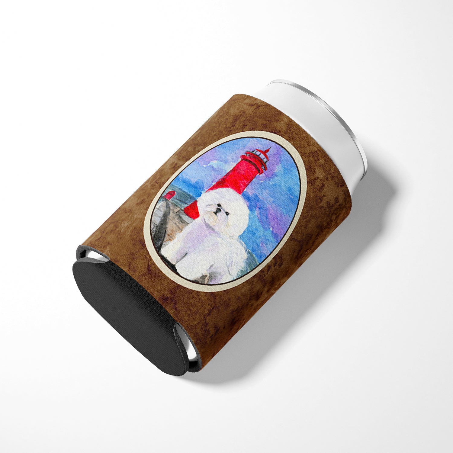 Lighthouse with Bichon Frise Can or Bottle Hugger Cooler Sleeve for Standard 12 oz Cans, Insulated Foam Beer & Soda Can Hugger Reusable