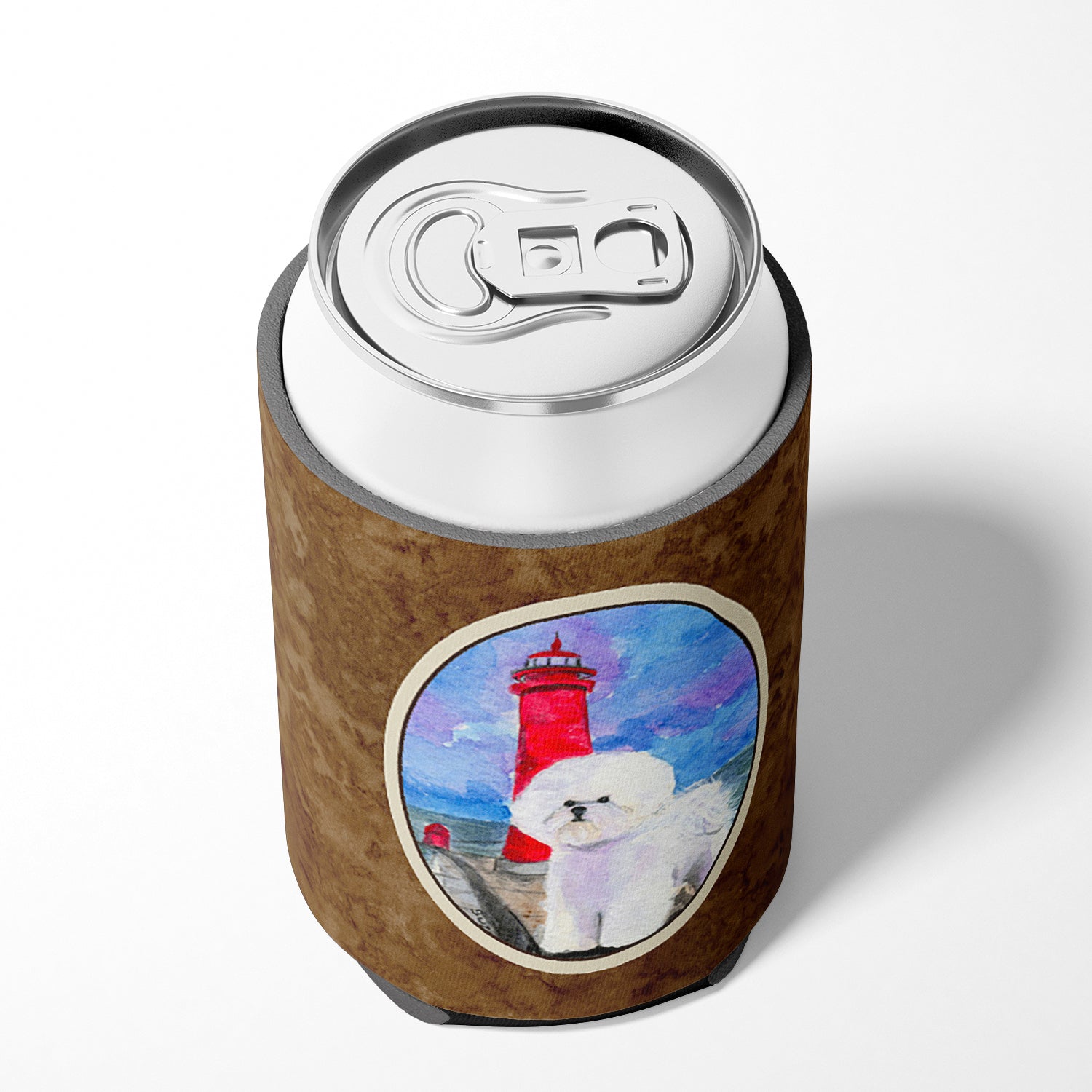 Lighthouse with Bichon Frise Can or Bottle Hugger Cooler Sleeve for Standard 12 oz Cans, Insulated Foam Beer & Soda Can Hugger Reusable