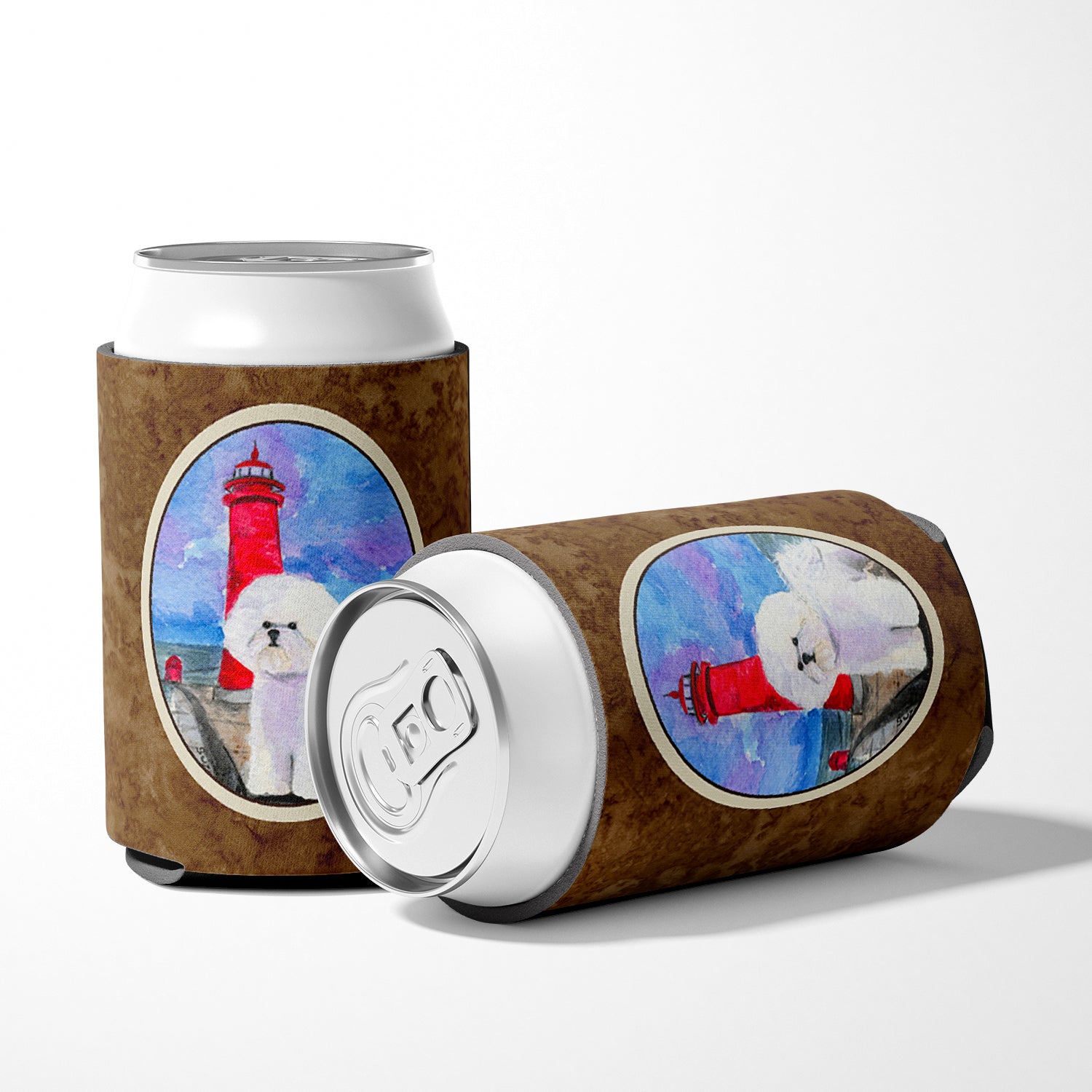 Lighthouse with Bichon Frise Can or Bottle Hugger Cooler Sleeve for Standard 12 oz Cans, Insulated Foam Beer & Soda Can Hugger Reusable
