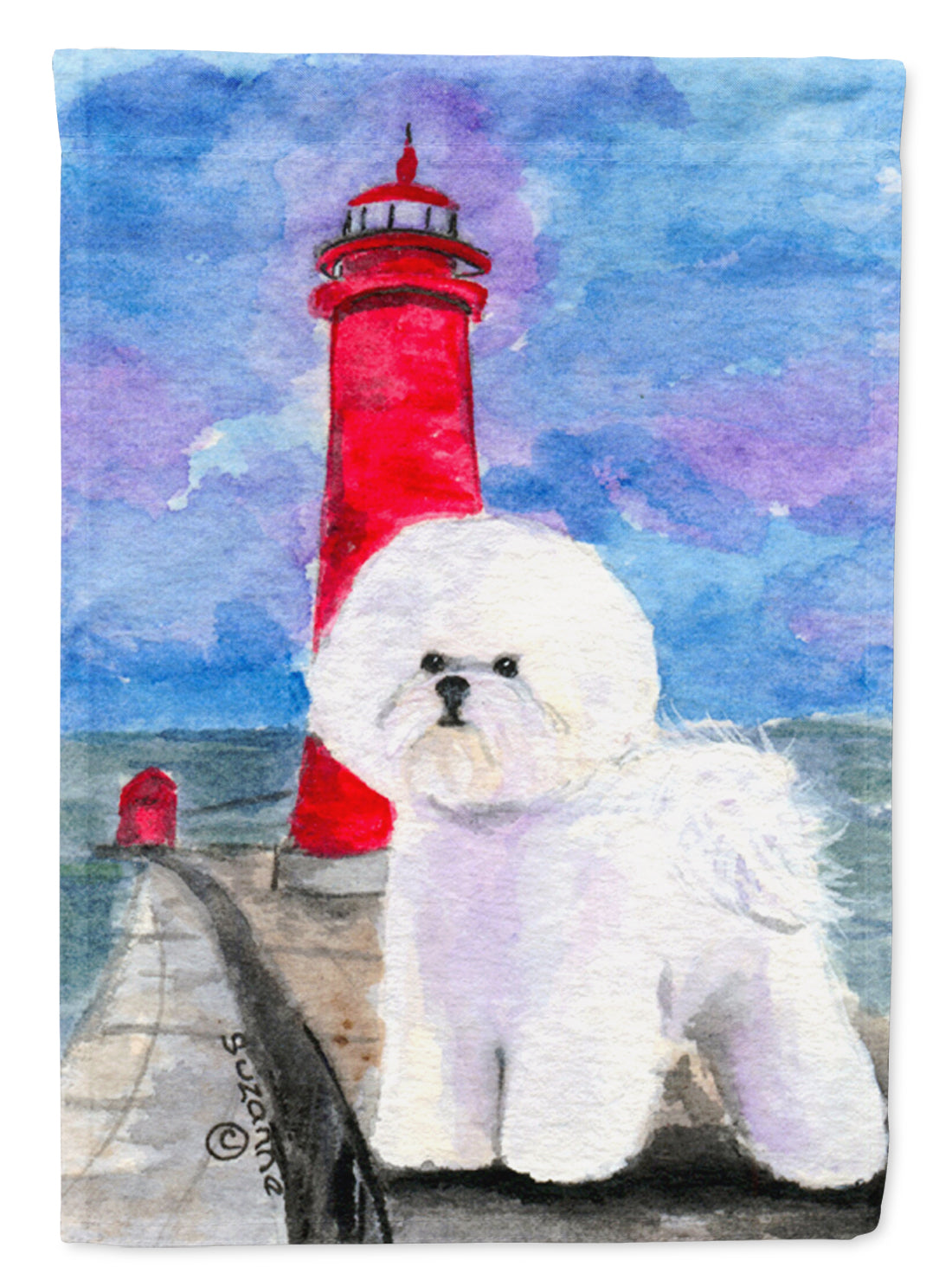 Lighthouse with Bichon Frise House Flag 28x40 Porch Sleeve Pole Decorative Outside Yard Banner Artwork Wall Hanging, Polyester