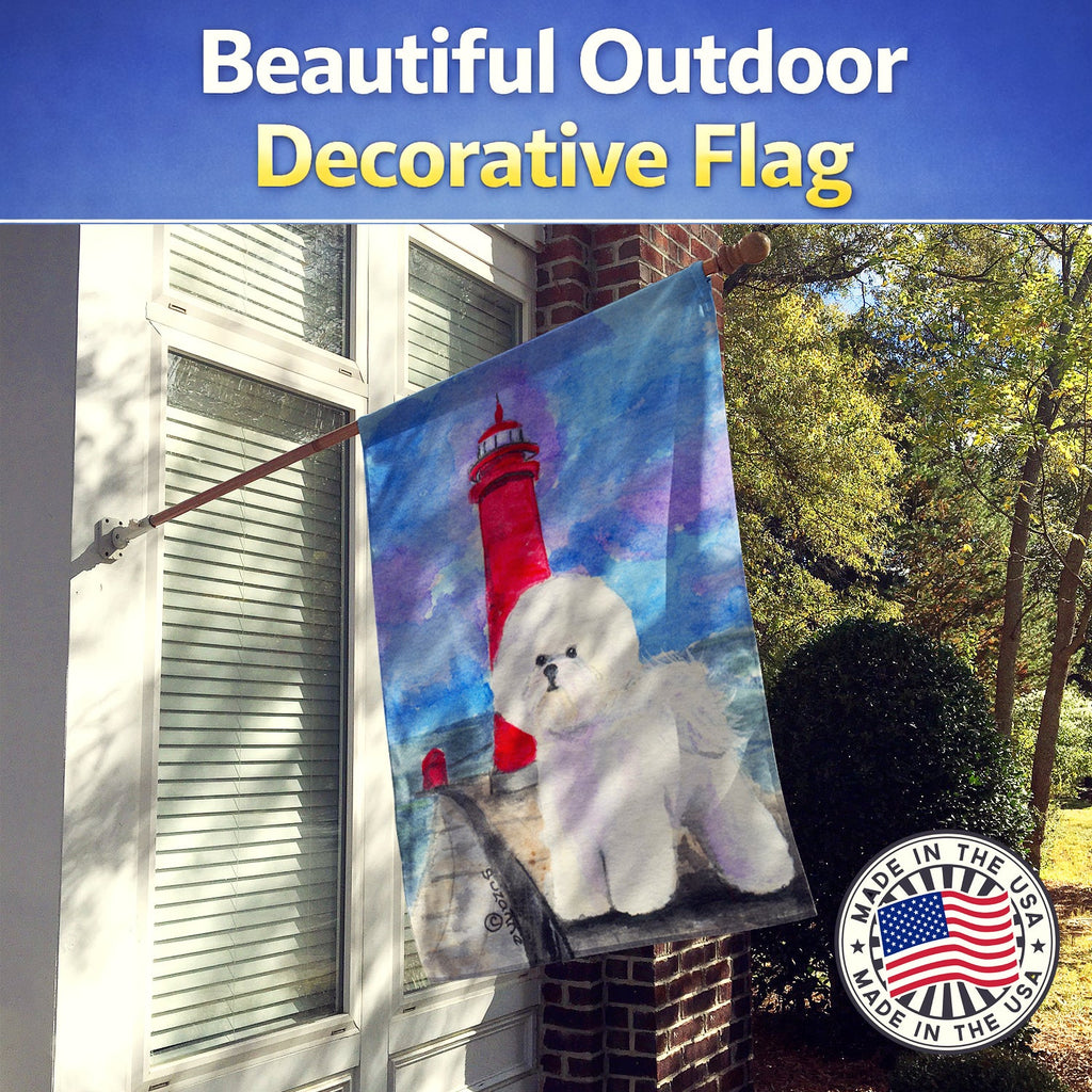 Lighthouse with Bichon Frise House Flag 28x40 Porch Sleeve Pole Decorative Outside Yard Banner Artwork Wall Hanging, Polyester