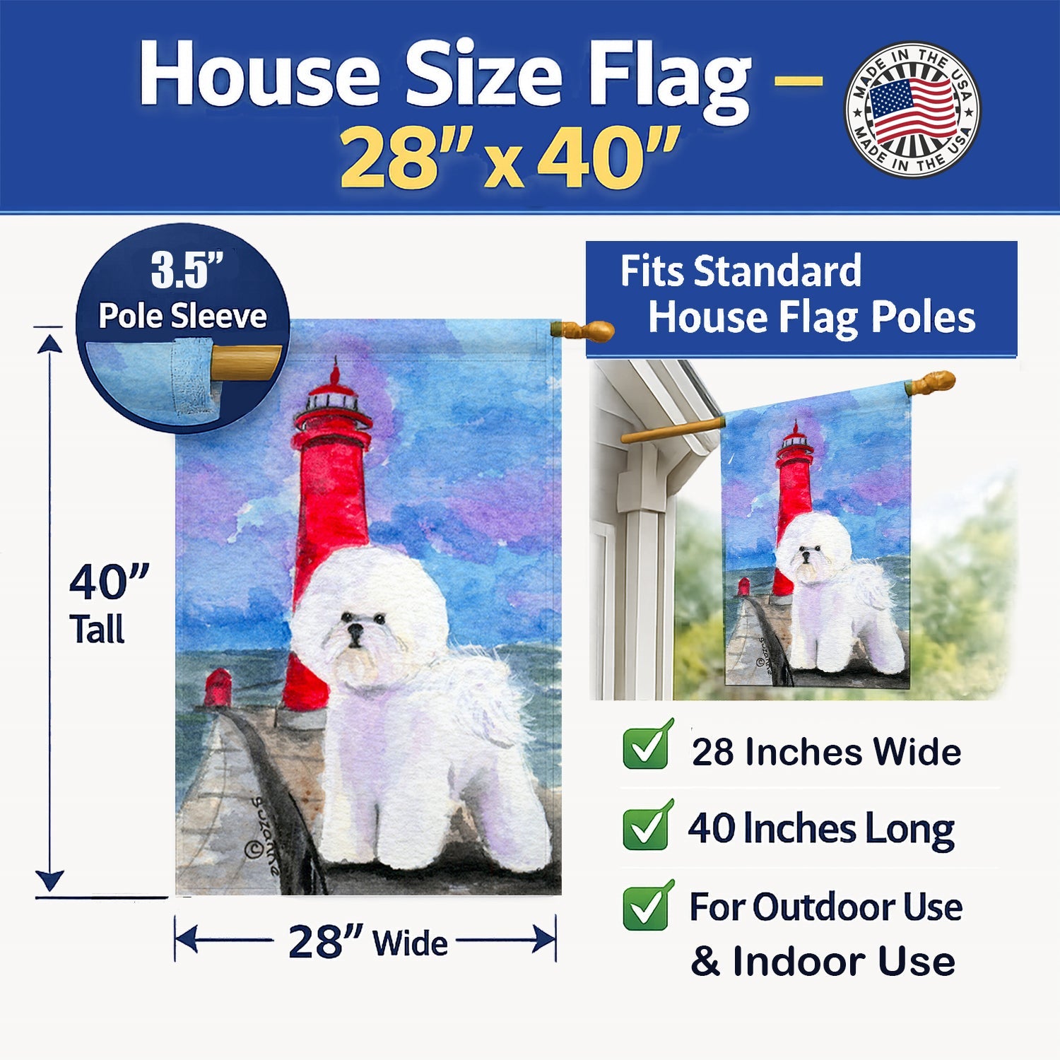 Lighthouse with Bichon Frise House Flag 28x40 Porch Sleeve Pole Decorative Outside Yard Banner Artwork Wall Hanging, Polyester