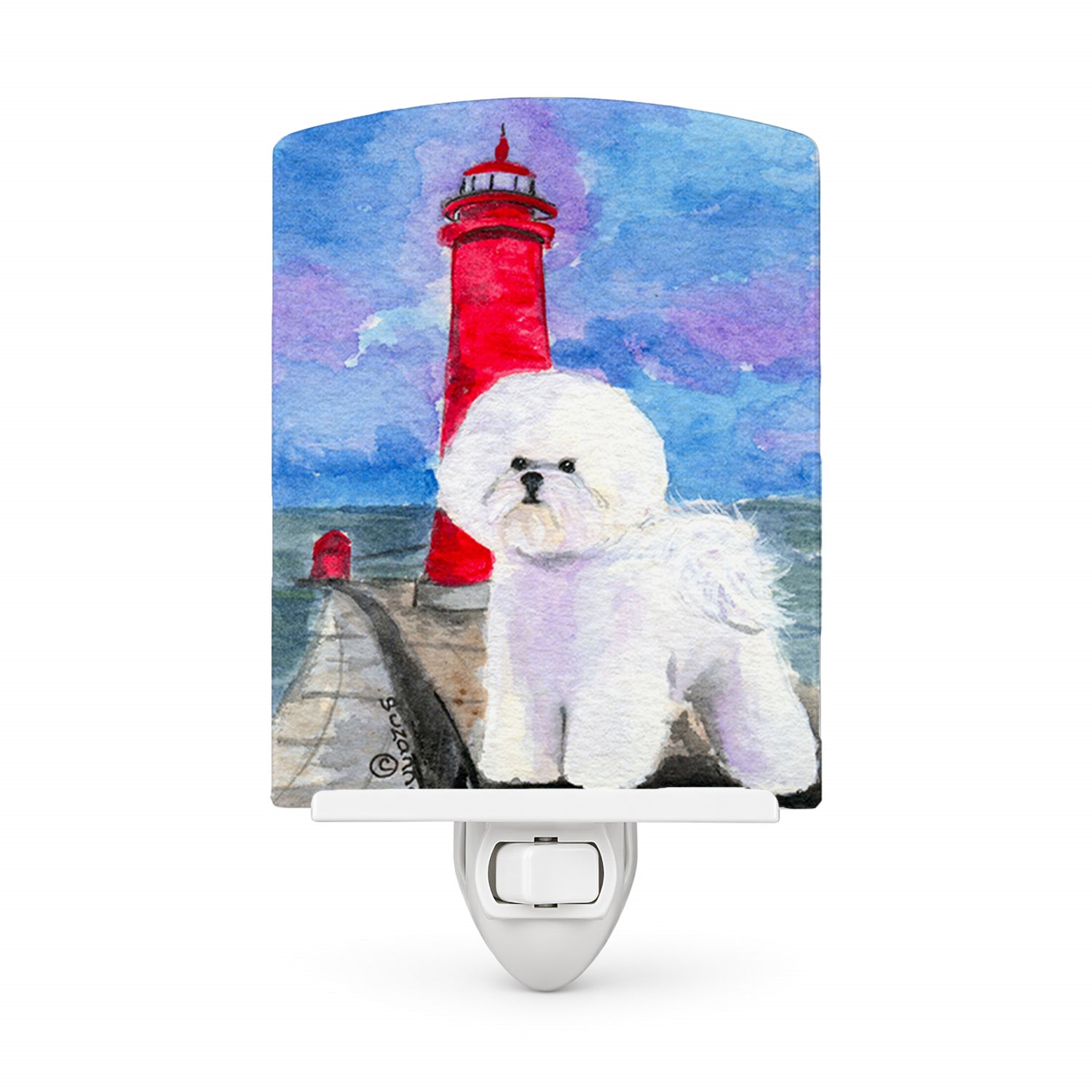 Lighthouse with Bichon Frise Ceramic Night Light Compact, UL-Certified, Ideal for Bedroom, Bathroom, Nursery, Hallway, Kitchen, 6x4x3, Multicolor