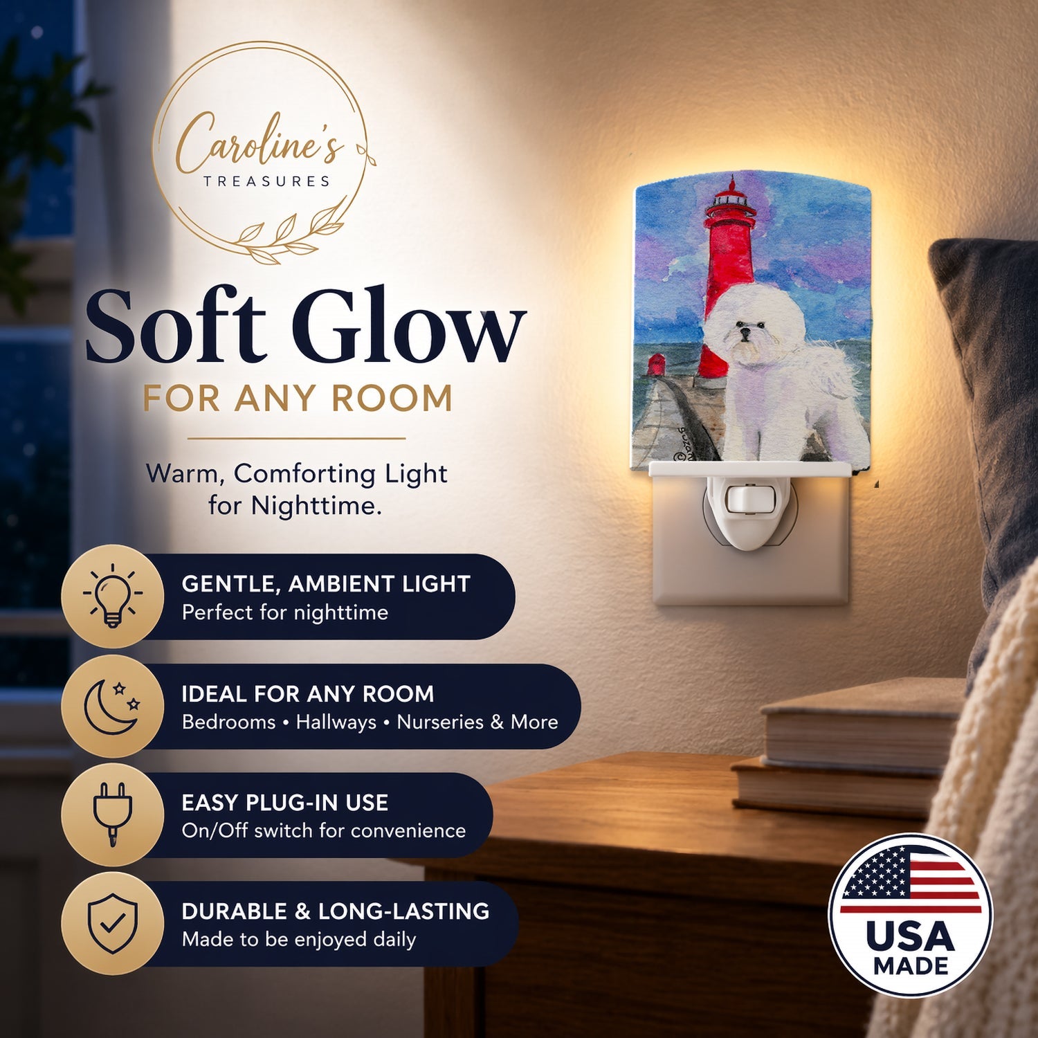 Lighthouse with Bichon Frise Ceramic Night Light Compact, UL-Certified, Ideal for Bedroom, Bathroom, Nursery, Hallway, Kitchen, 6x4x3, Multicolor