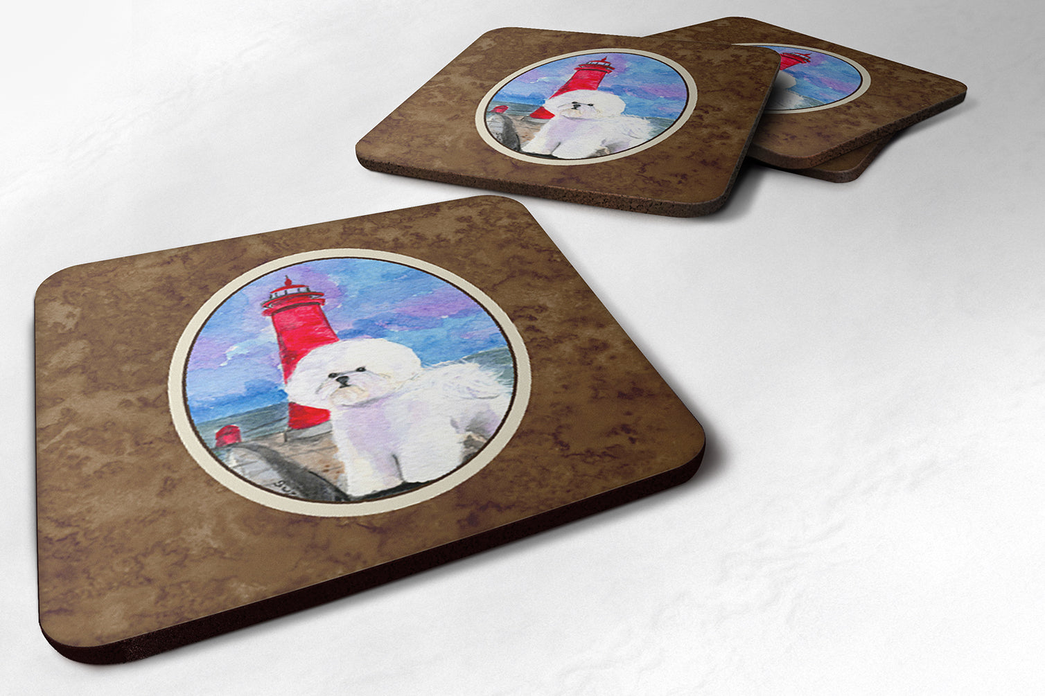 Lighthouse with Bichon Frise Foam Coasters Set of 4 Cup Coasters for Indoor Outdoor, Tabletop Protection, Anti Slip, Mouse pad Material