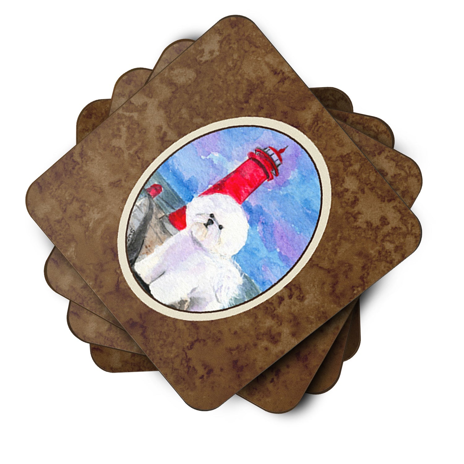 Lighthouse with Bichon Frise Foam Coasters Set of 4 Cup Coasters for Indoor Outdoor, Tabletop Protection, Anti Slip, Mouse pad Material